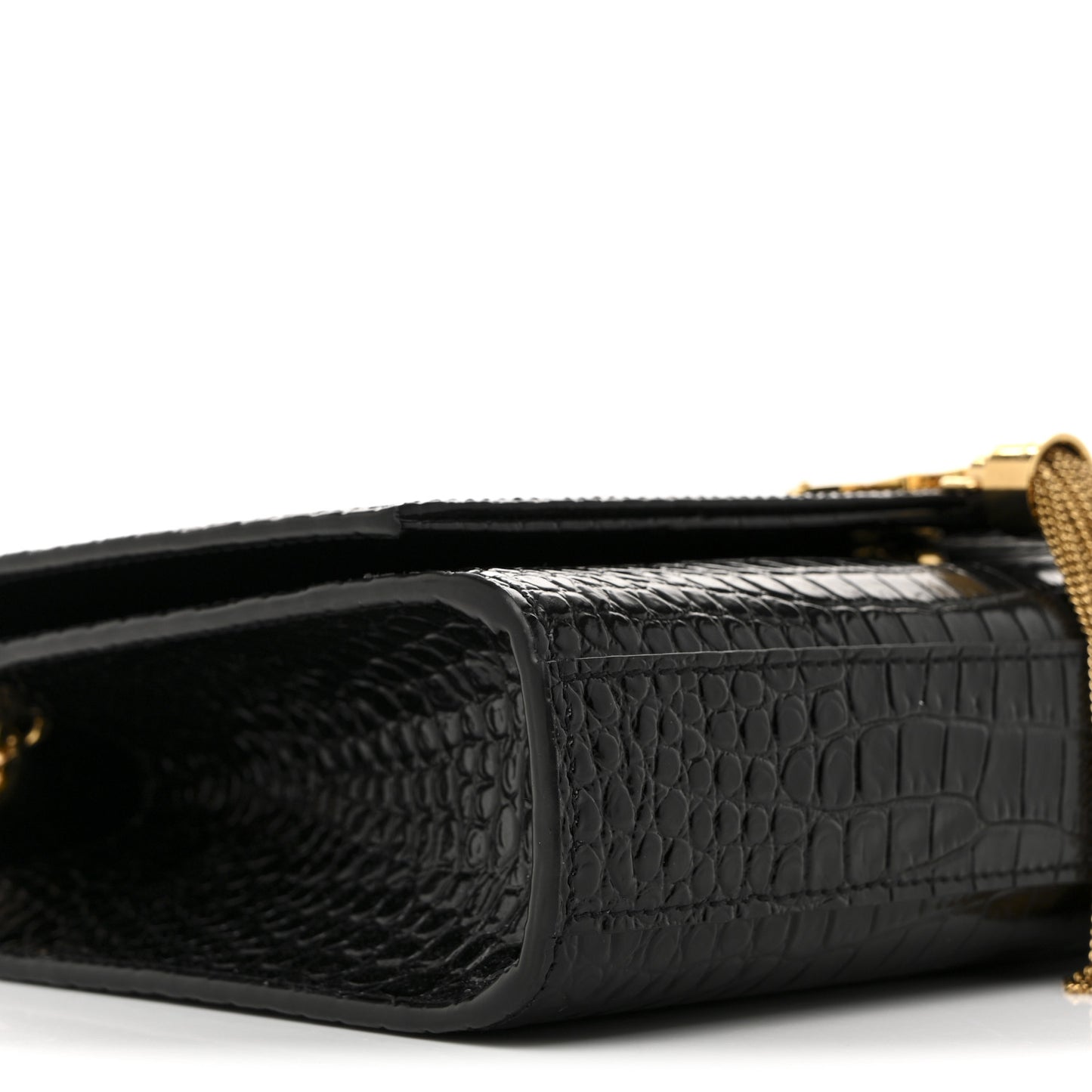Calfskin Crocodile Embossed Medium Classic Monogram Kate Tassel Satchel Black