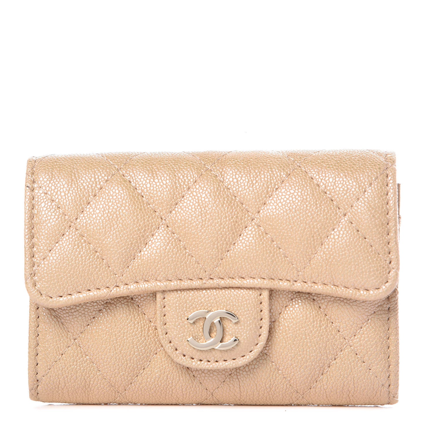 Iridescent Caviar Quilted Flap Card Holder Beige