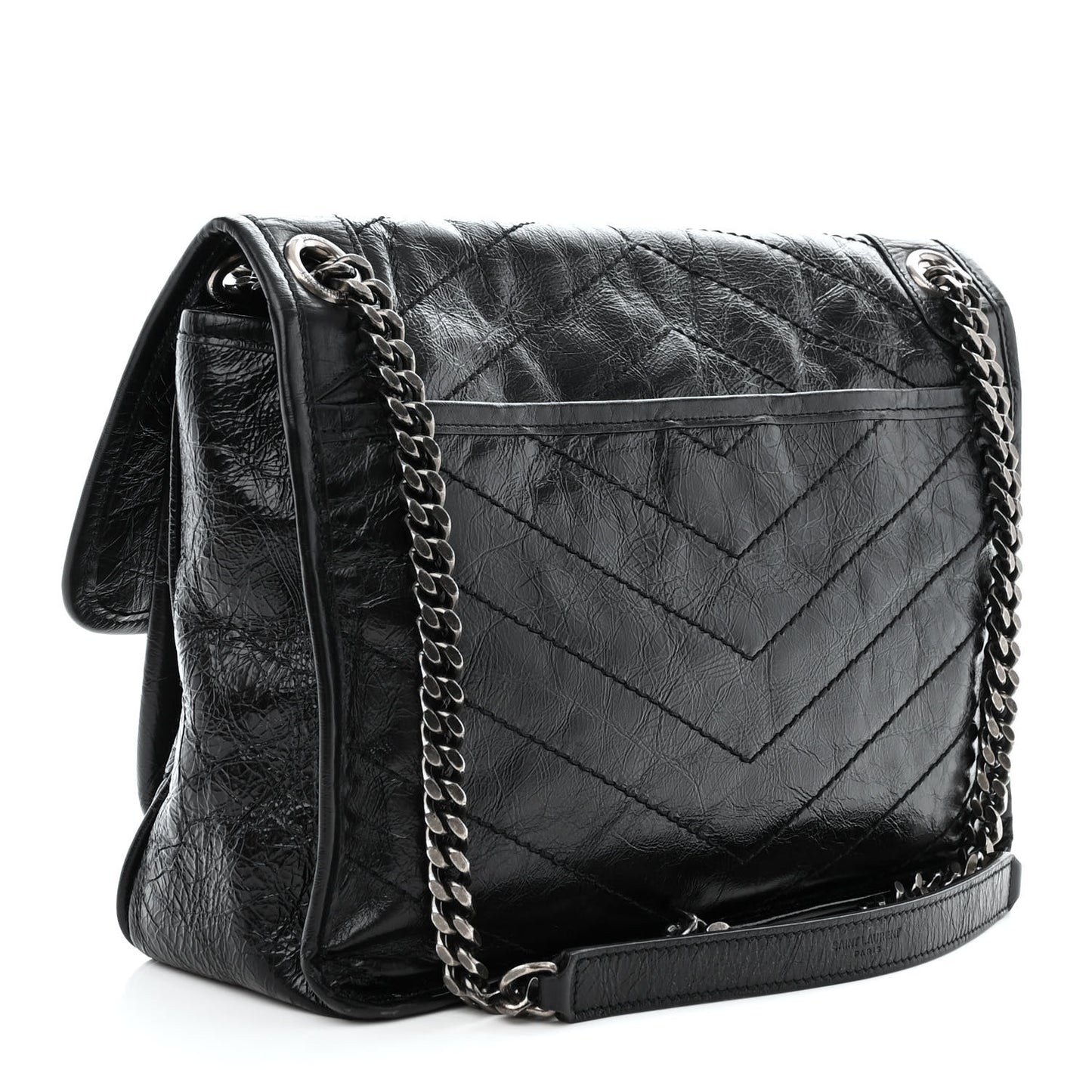 Crinkled Calfskin Matelasse Monogram Medium Niki Chain Satchel Black