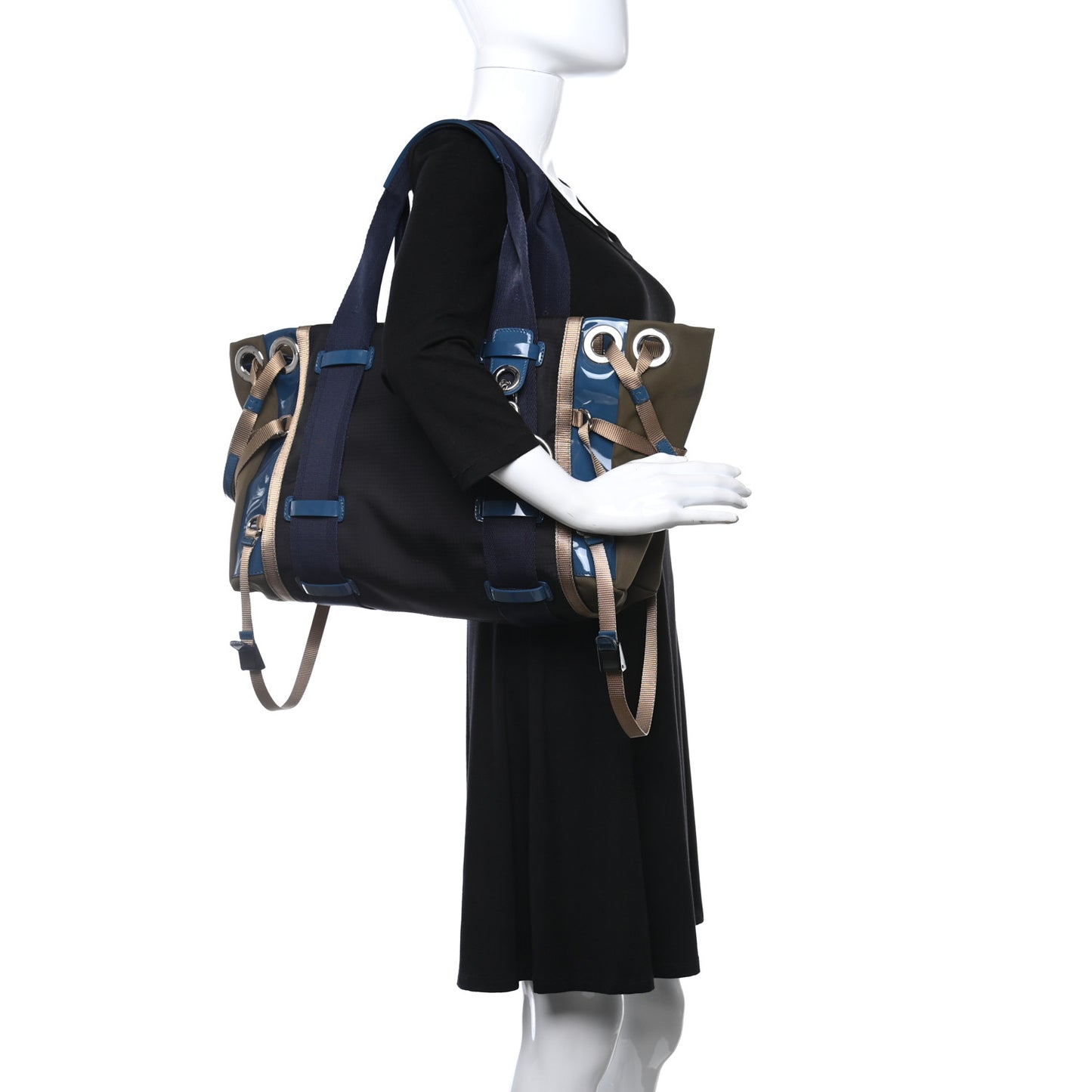 Nylon Canvas Glossy Lambskin Medium Tao Zipped Tote Blue Green