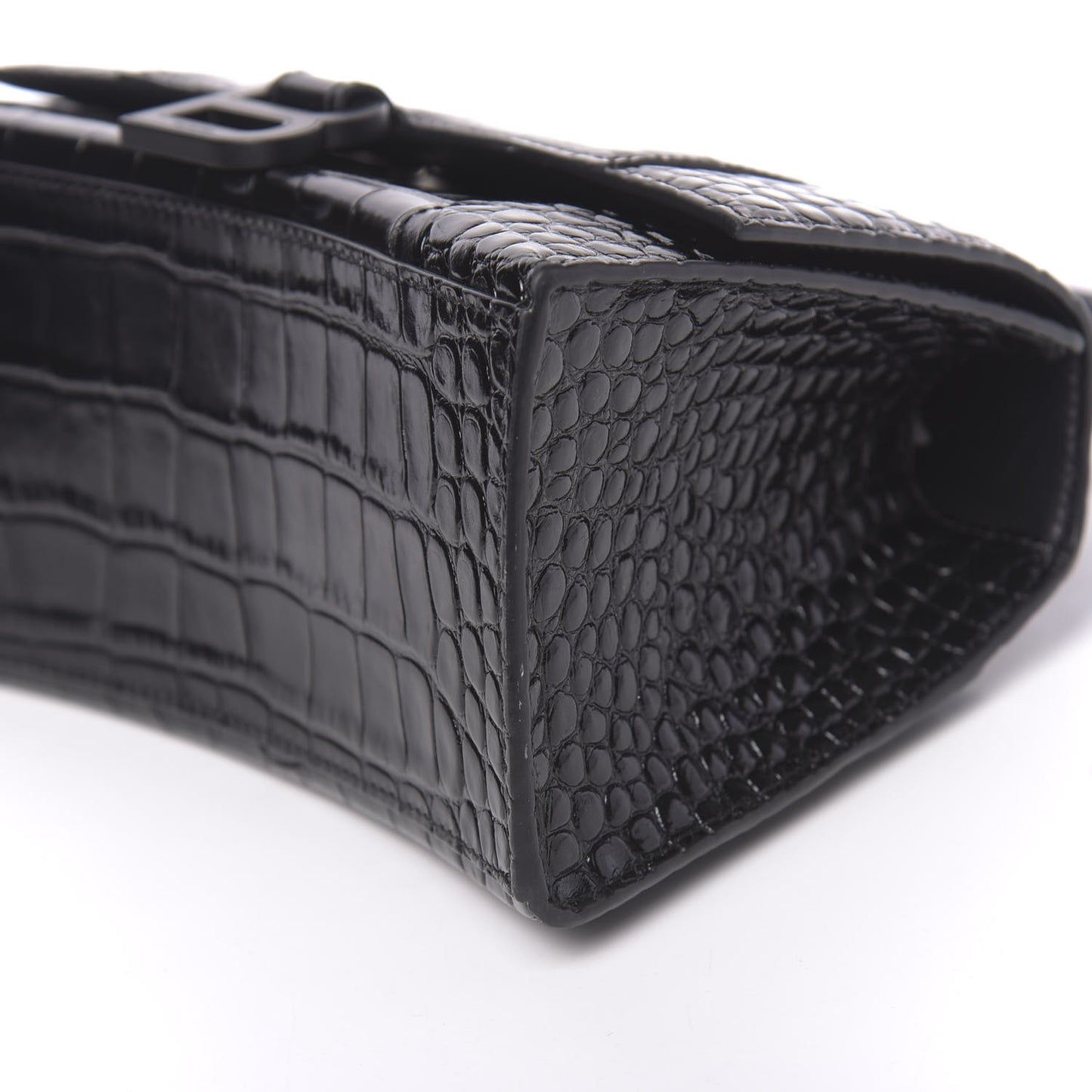 Shiny Calfskin Monochrome Crocodile Embossed Small Hourglass Top Handle Bag Black