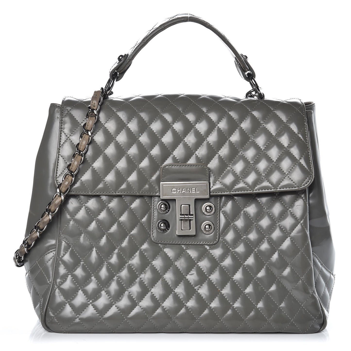Glazed Calfskin Mademoiselle Lock Kelly Flap Bag Grey