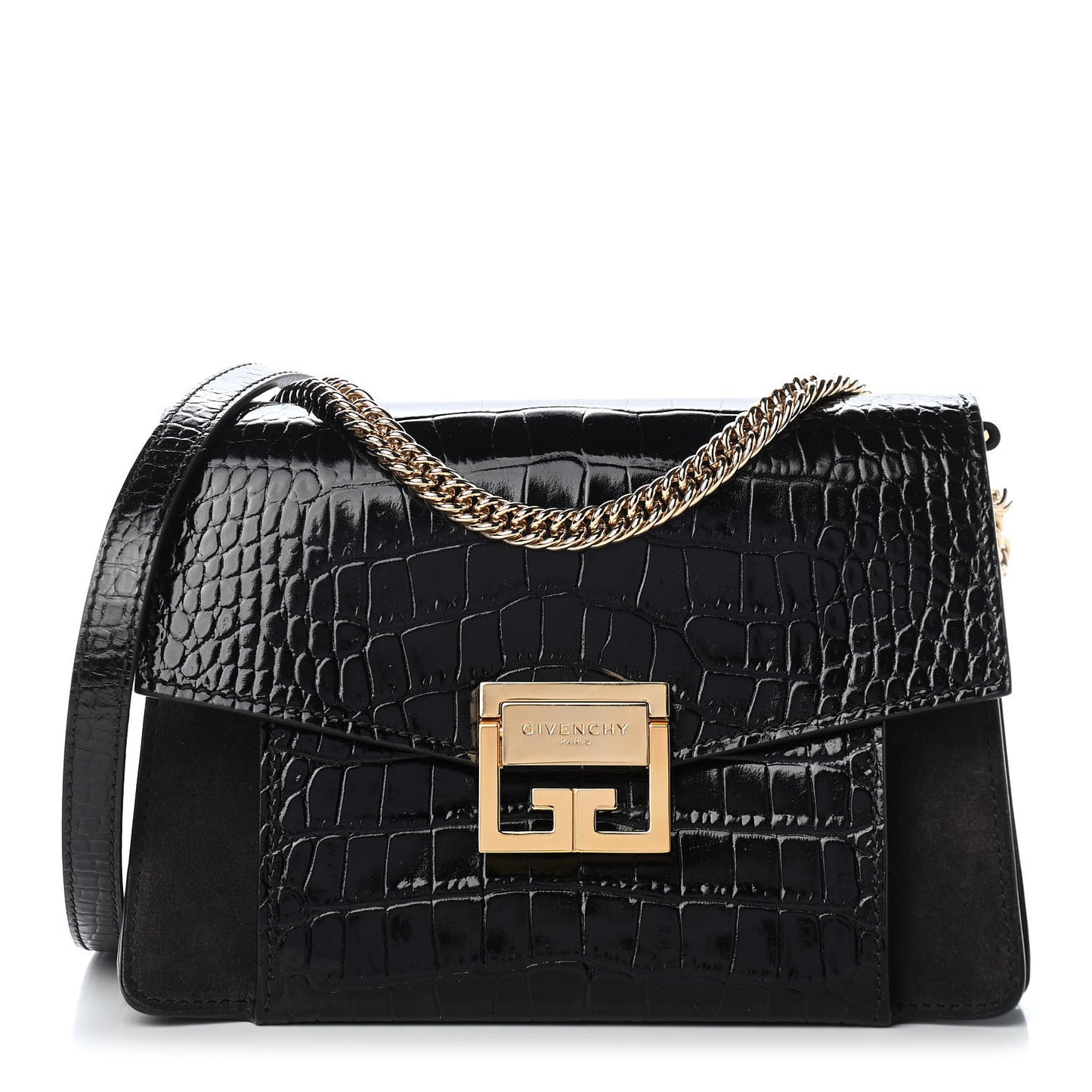 Calfskin Crocodile Embossed Suede Small GV3 Shoulder Bag Black