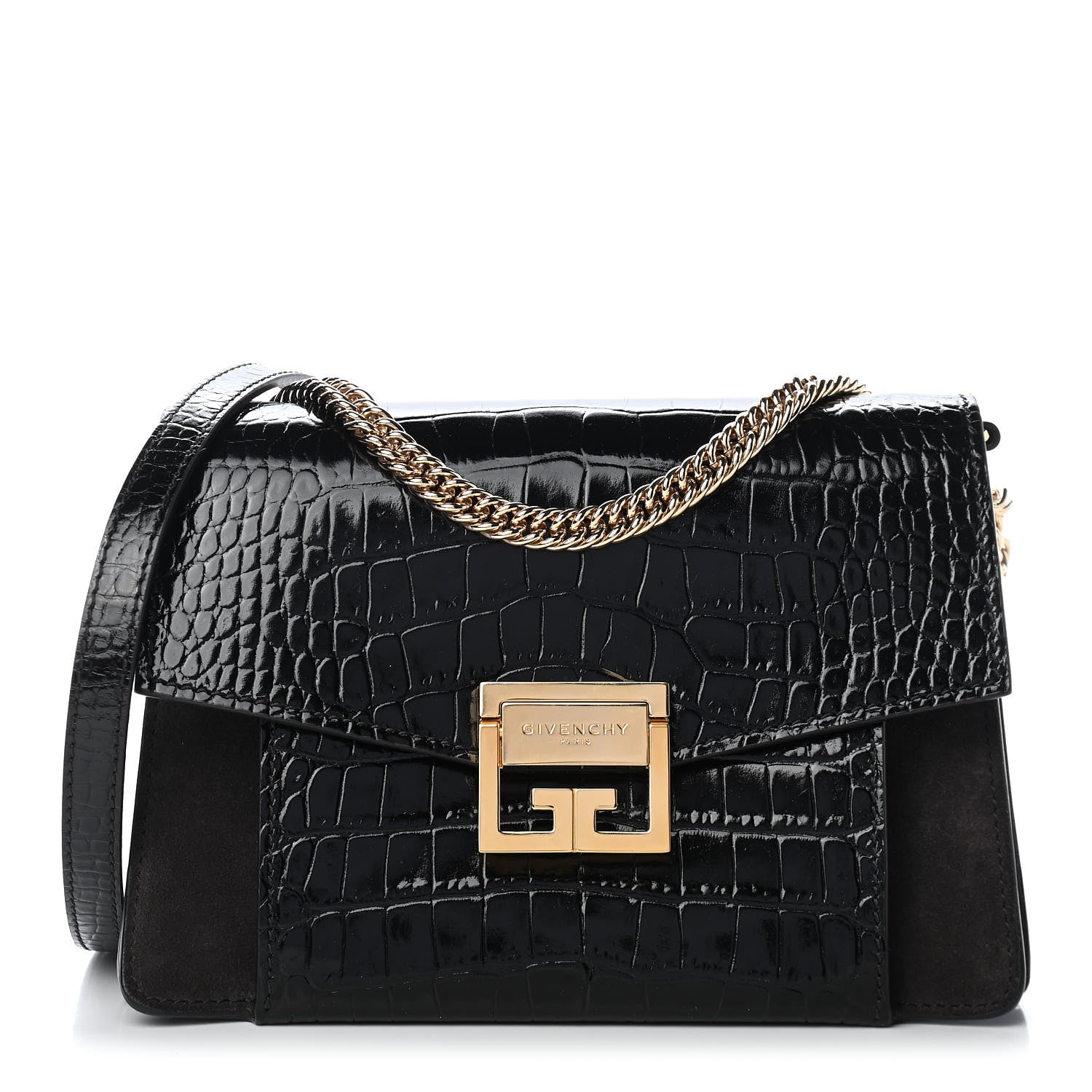 Givenchy Calfskin Crocodile Embossed Suede Small GV3 Shoulder Bag Black 1 of 8