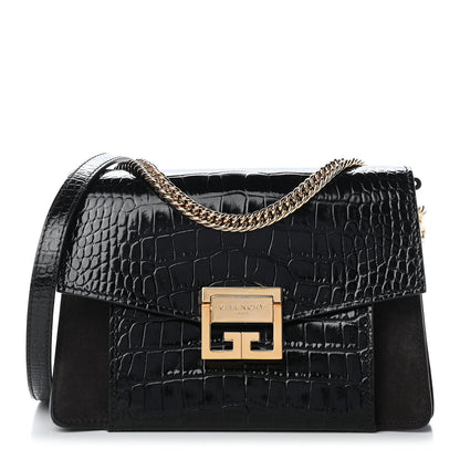 Givenchy Calfskin Crocodile Embossed Suede Small GV3 Shoulder Bag Black 1 of 8