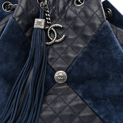 Chanel Goatskin Suede Calfskin Quilted Patchwork Drawstring Bag Blue 8 of 11