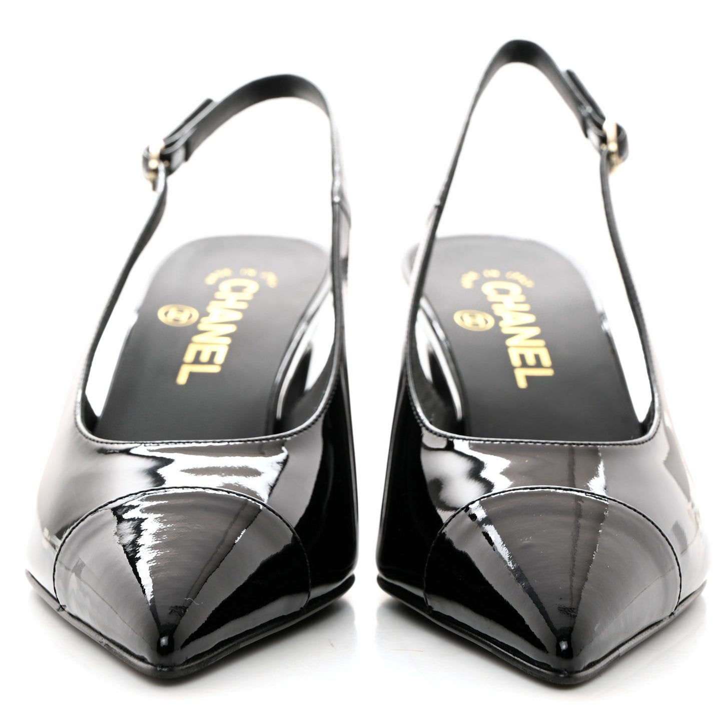 Patent Calfskin Cap Toe CC Slingback Pumps 37 Black