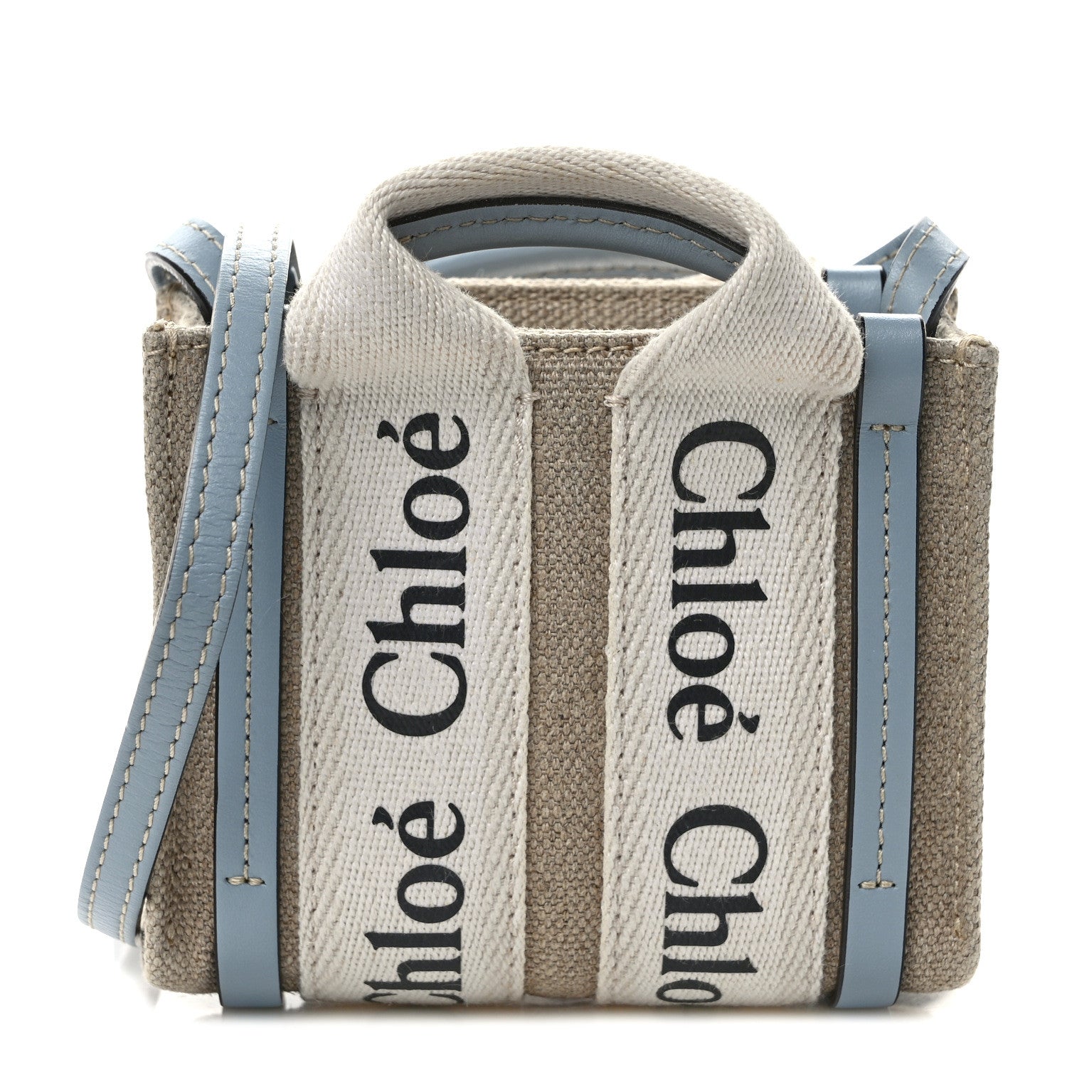 Chloe Cotton Calfskin Nano Woody Ribbon Tote With Strap White Blue 1 of 10