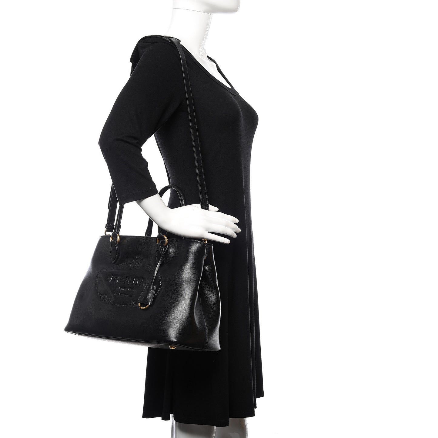 Glace Calfskin Embossed Logo Tote Black