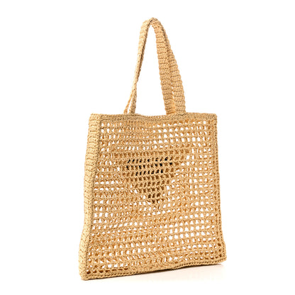 Prada Yarn Raffia Effect Crochet Logo Embroidered Tote Bag Naturale 3 of 9