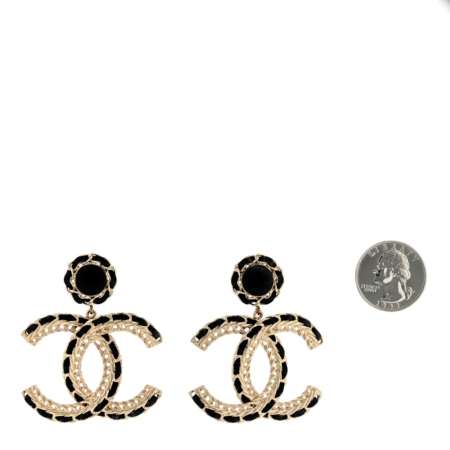 Lambskin CC Chain Drop Earrings Black Gold