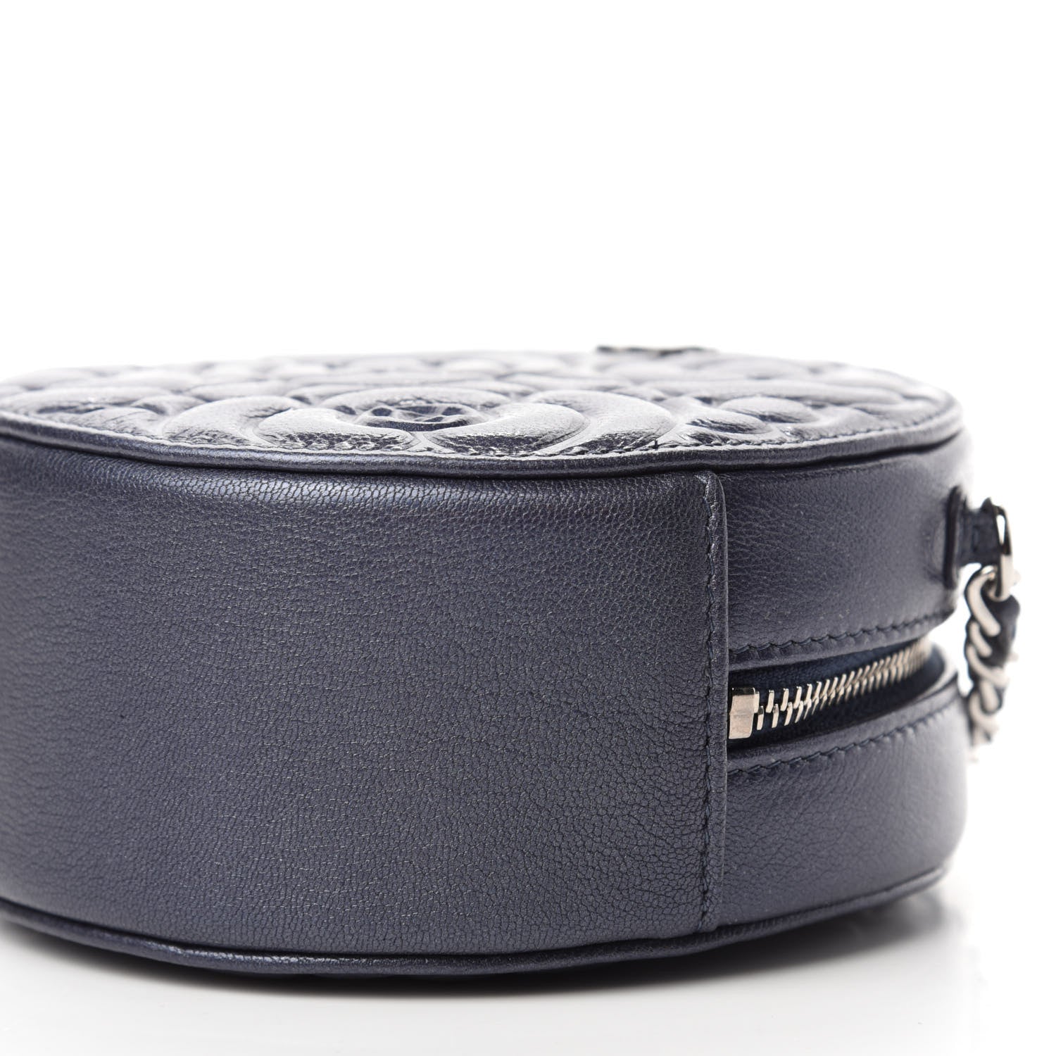 Chanel Goatskin Camellia Embossed Round Clutch With Chain Dark Blue 7 of 12