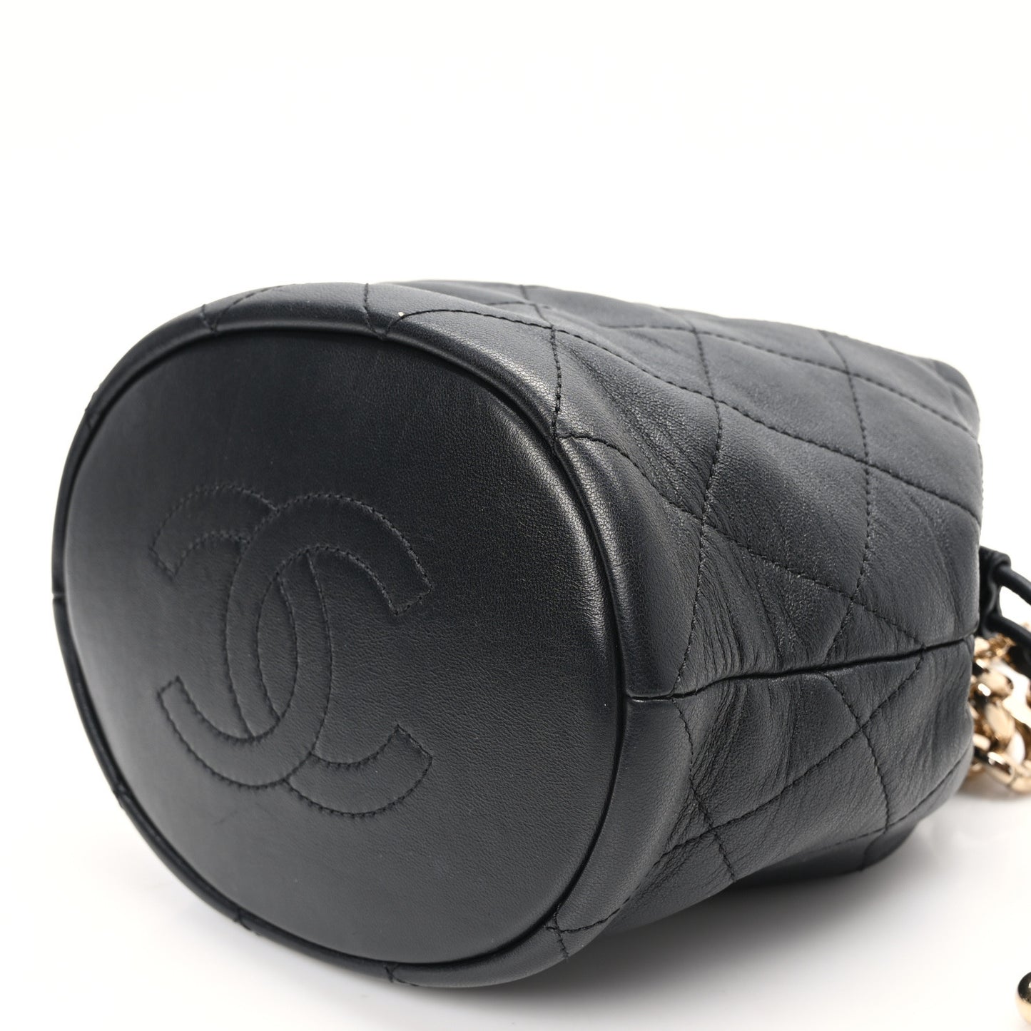 Shiny Lambskin Quilted Chain Is More Drawstring Bag Black