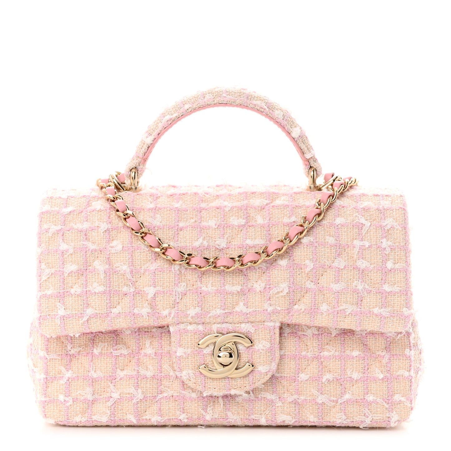 Tweed Quilted Mini Top Handle Rectangular Flap Light Pink