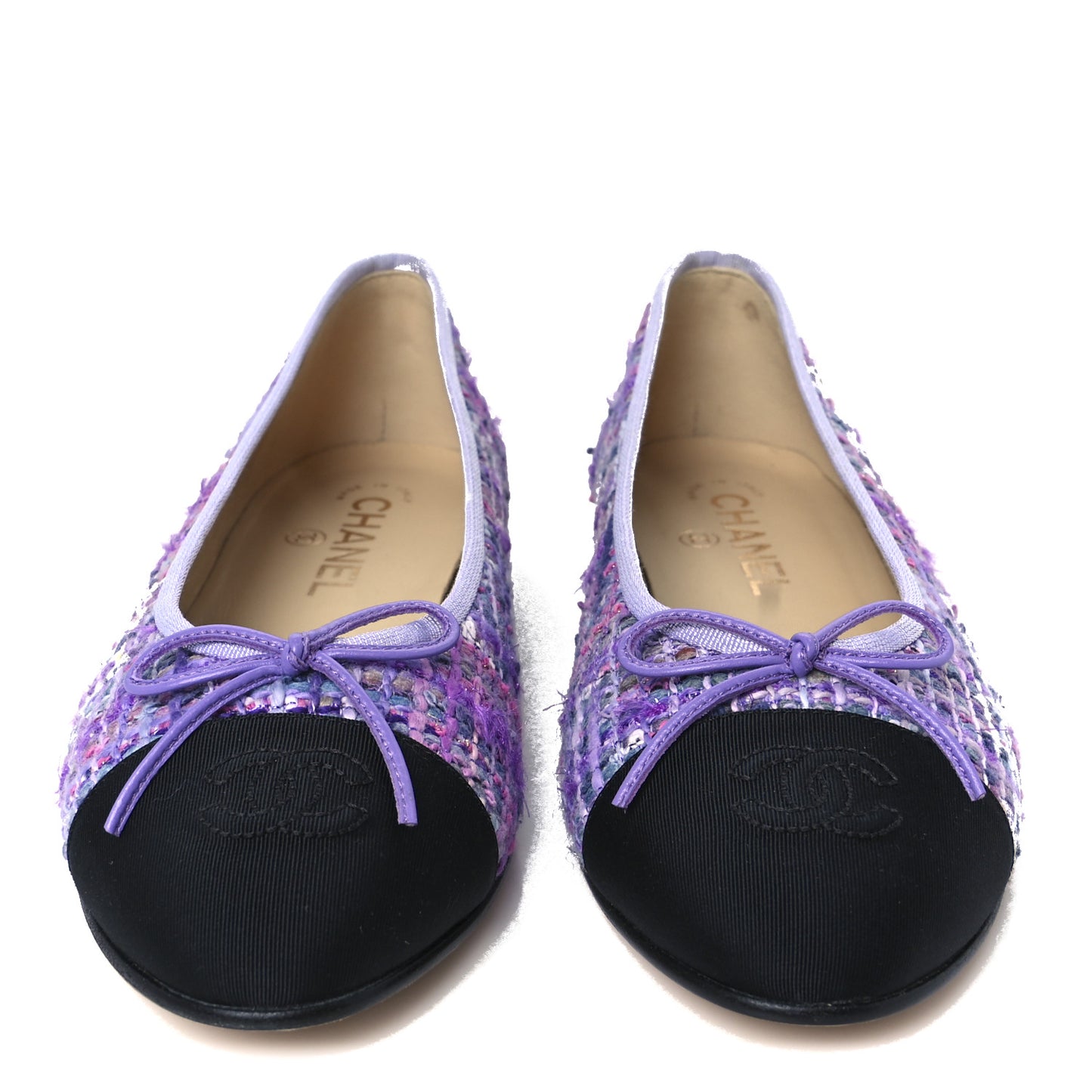 Tweed Grosgrain Cap Toe Ballerina Flats 38.5 Purple Black