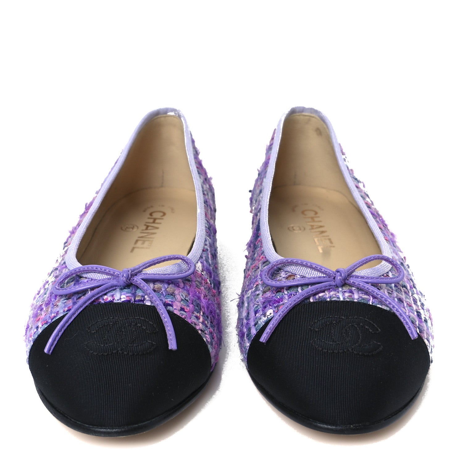 Chanel Tweed Grosgrain Cap Toe Ballerina Flats 38.5 Purple Black 3 of 10