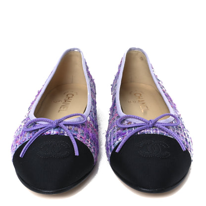 Chanel Tweed Grosgrain Cap Toe Ballerina Flats 38.5 Purple Black 3 of 10
