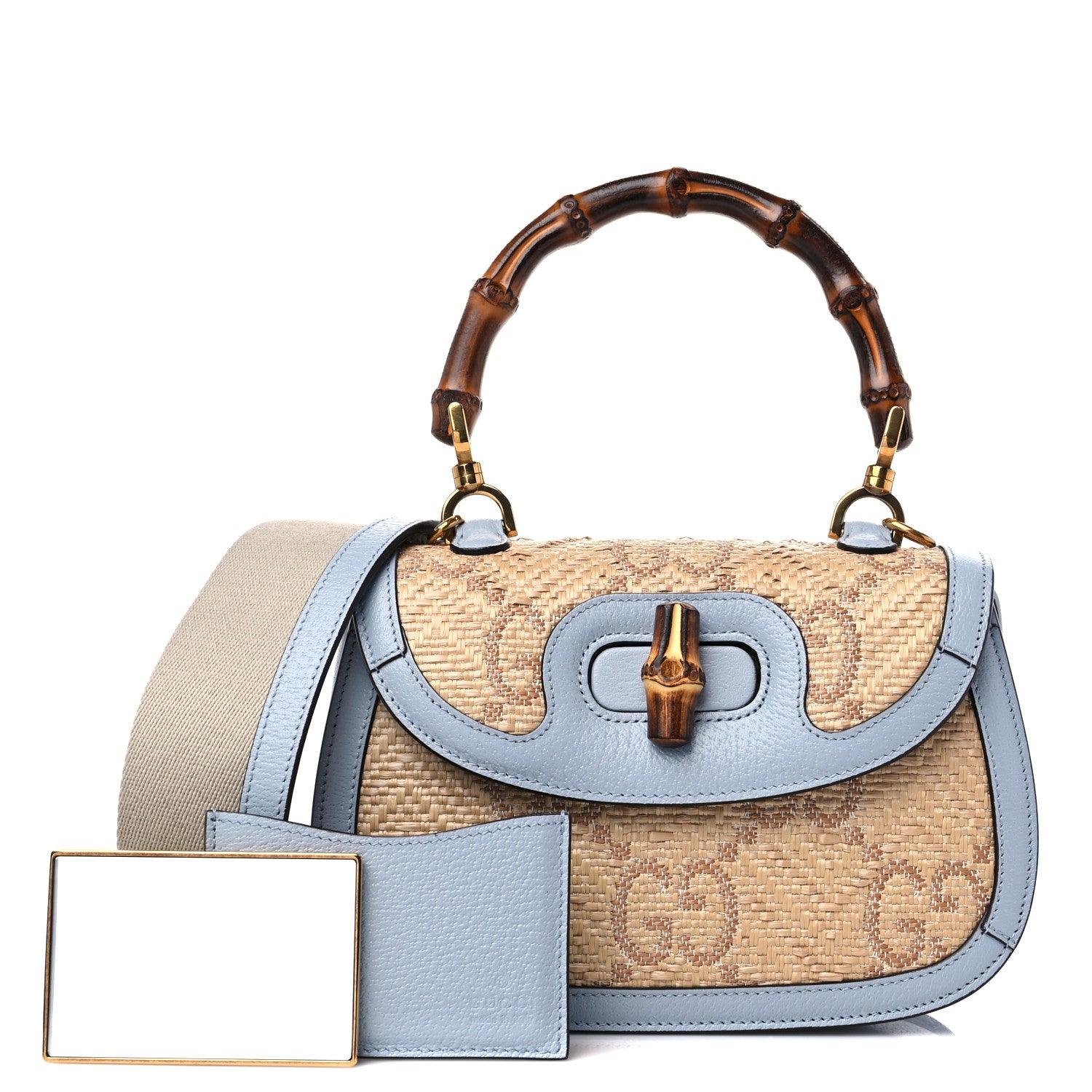 Gucci Raffia Textured Dollar Calfskin GG Monogram Small Bamboo 1947 Top Handle Bag Light Blue Natural 1 of 10