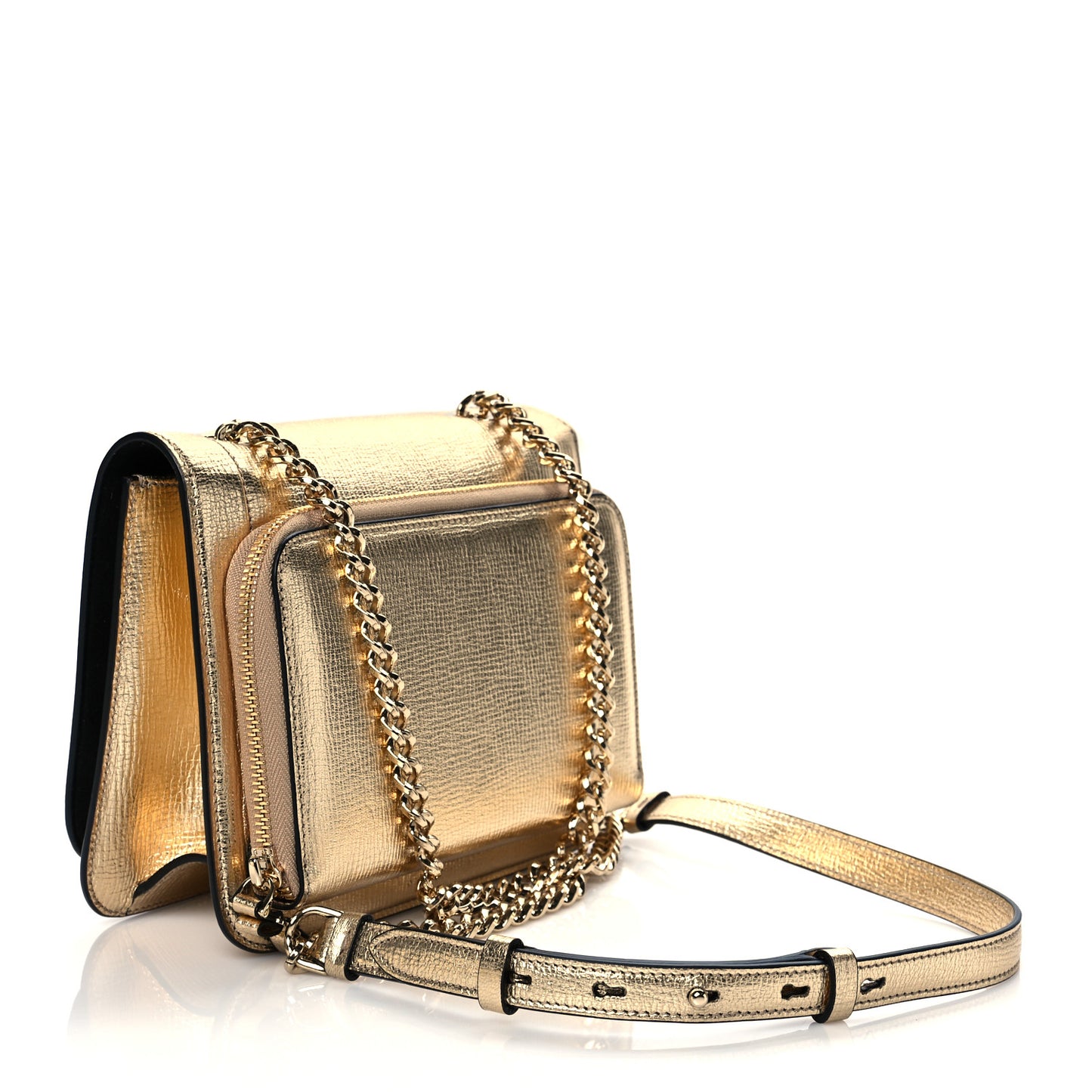 Metallic Hammered Calfskin Small Vara Chain Crossbody Gold