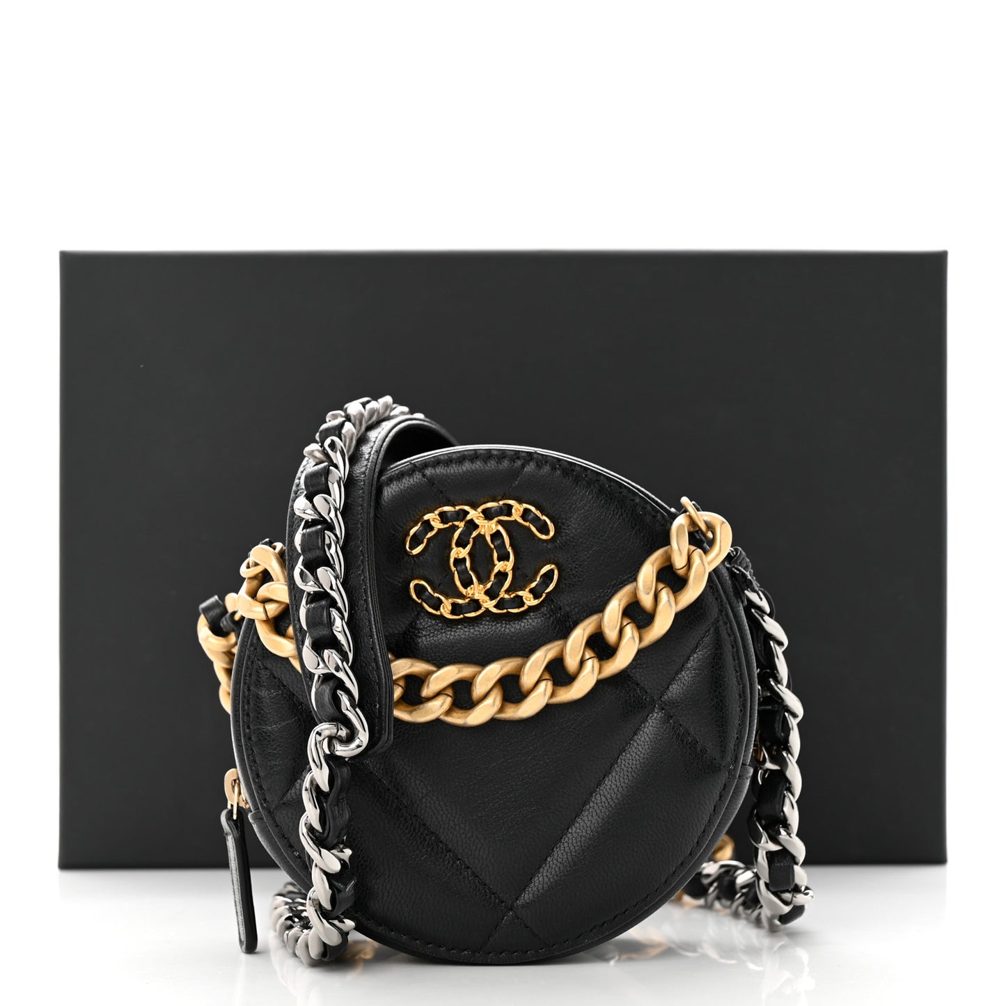 Lambskin Quilted Chanel 19 Round Clutch With Chain Black