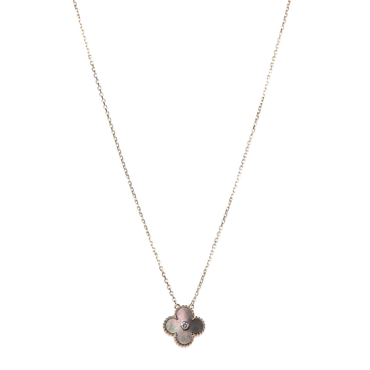 18K Rose Gold Diamond Grey Mother of Pearl Vintage Alhambra Pendant Necklace