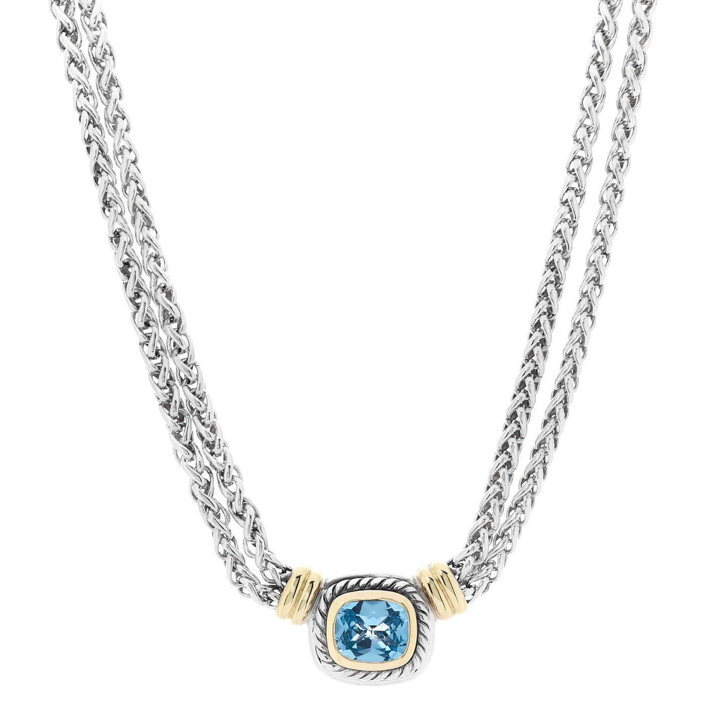 Sterling Silver 14K Yellow Gold Blue Topaz Double Wheat Chain Necklace