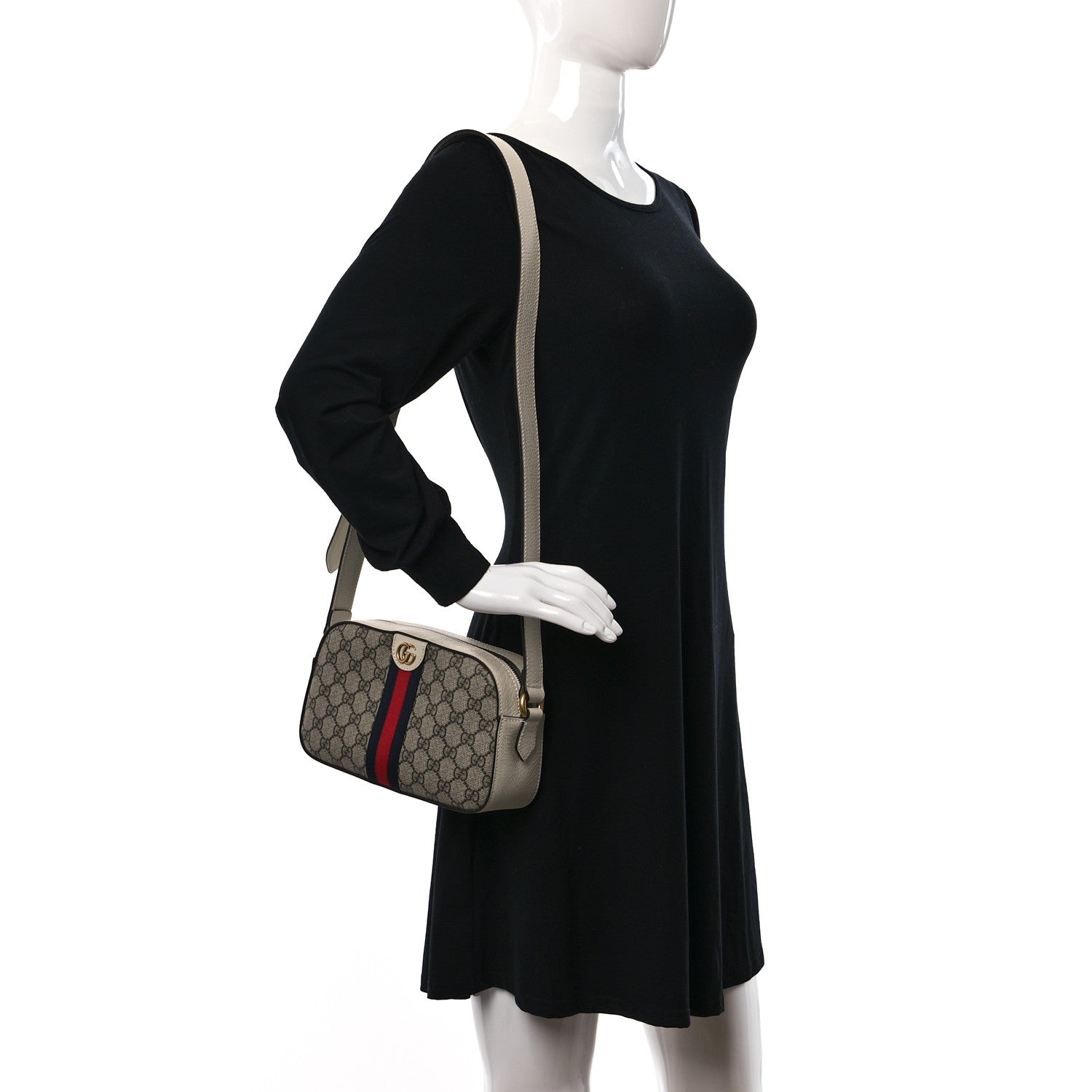 Gucci GG Supreme Monogram Textured Calfskin Web Small Ophidia Camera Bag Beige Ebony Mystic White 2 of 8