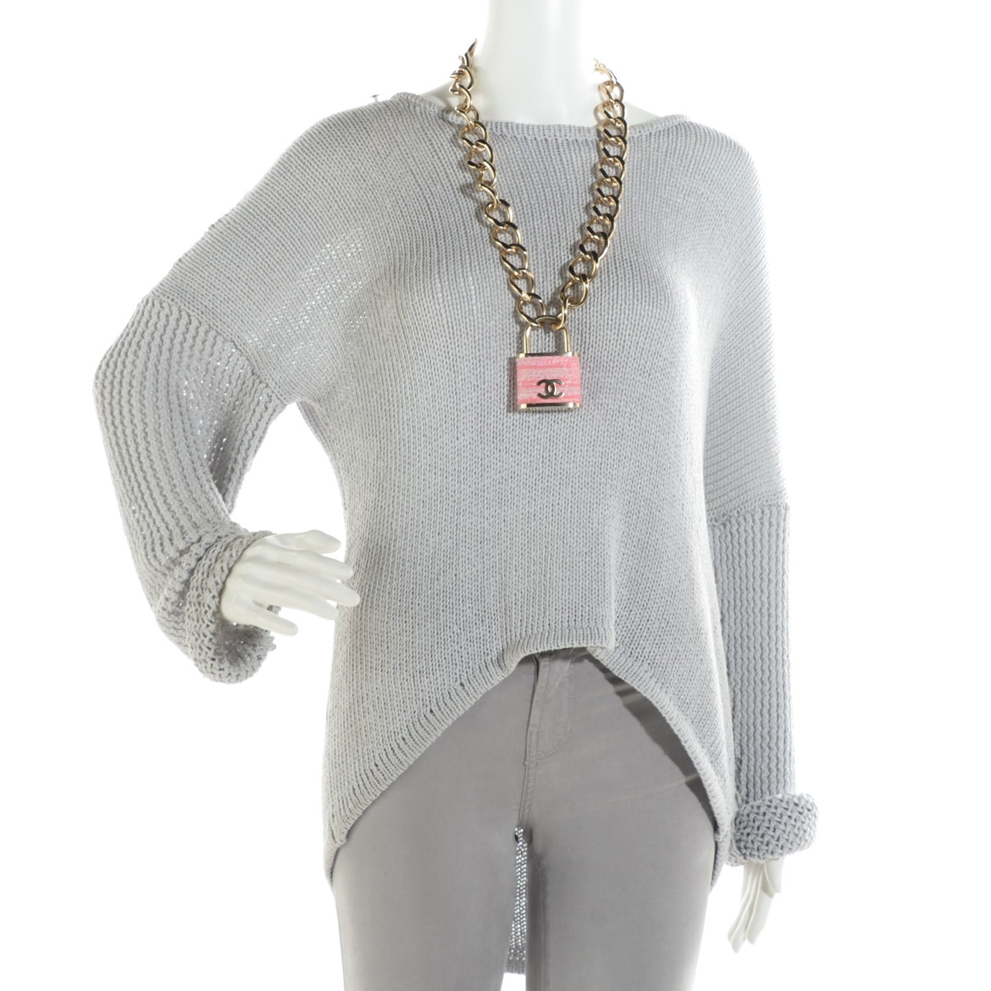 Tweed CC Oversized Padlock Chain Necklace Gold Pink