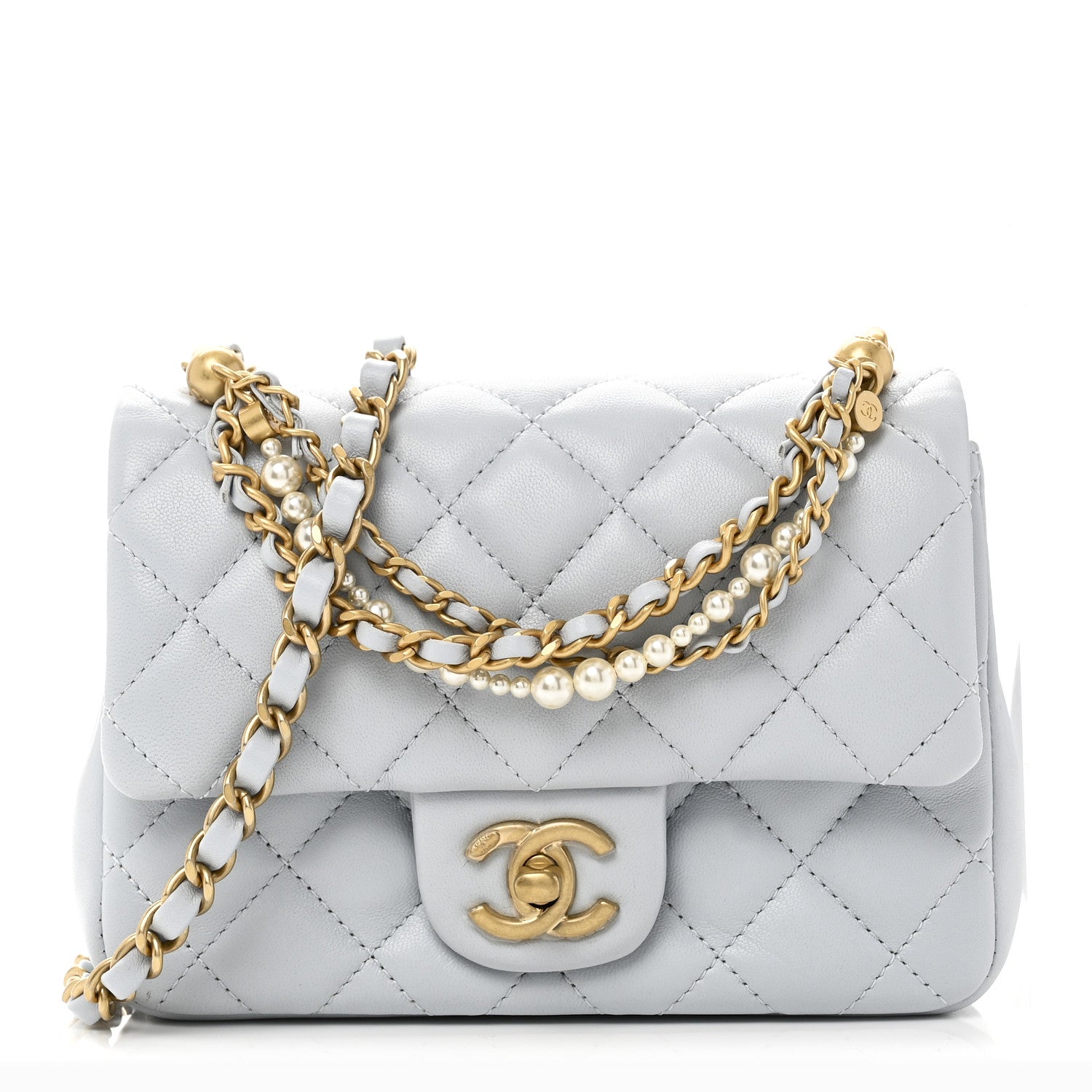 Chanel Shiny Lambskin Quilted Pearl Twist Mini Square Flap Light Blue 1 of 10
