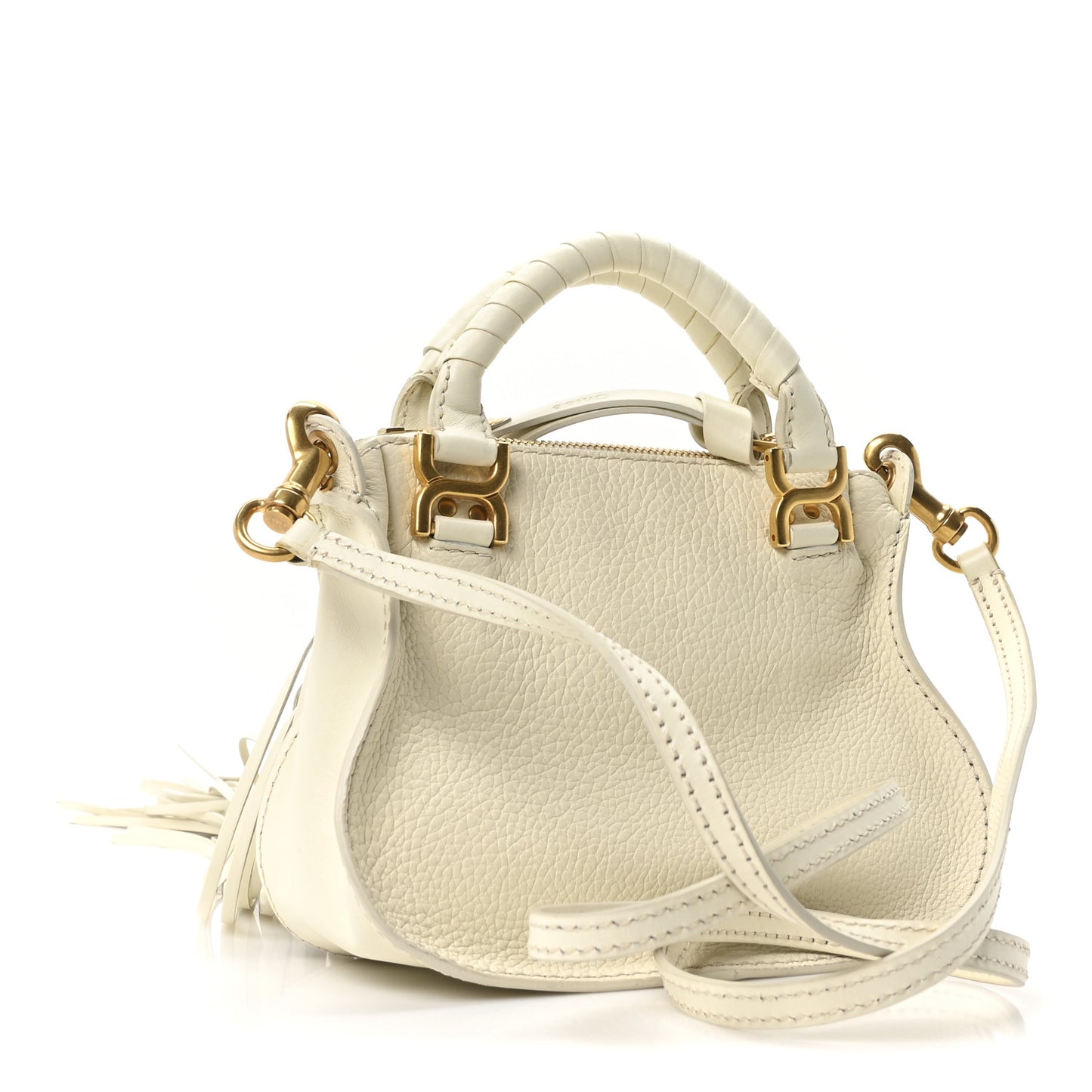 Shiny Small Grain Calfskin Mini Marcie Multi Fringe Satchel Natural White