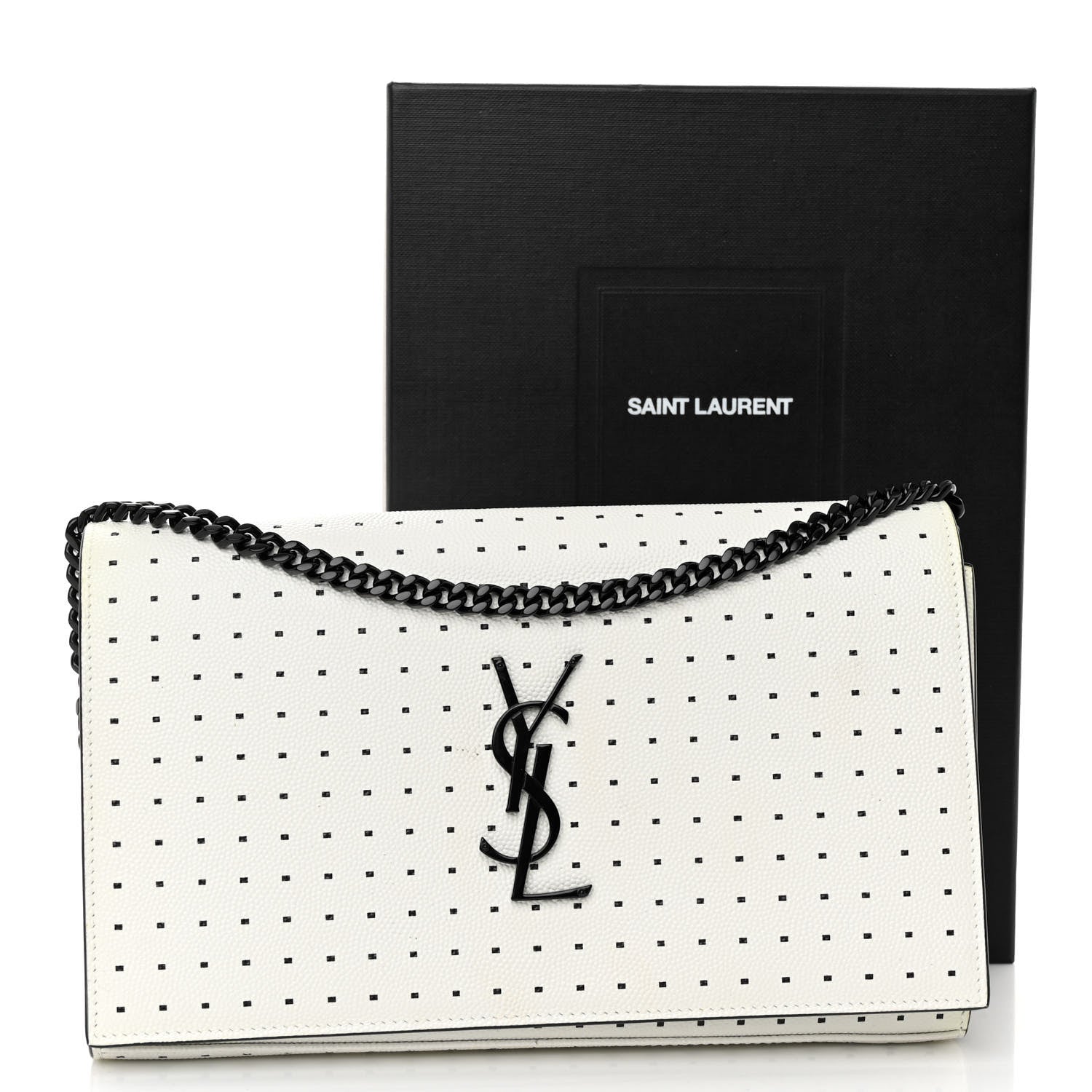 Saint Laurent Grain De Poudre Square Dot Print Monogram Chain Wallet White Matte Black 3 of 10