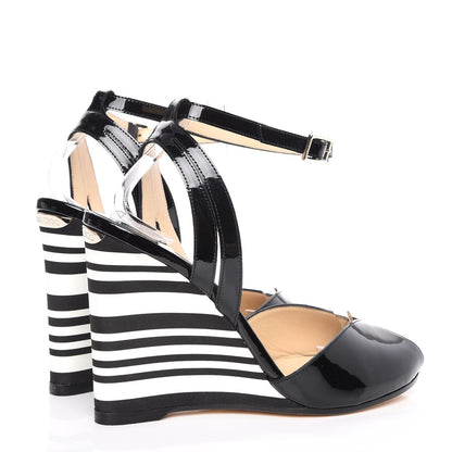 Jimmy Choo Patent Striped Damon 100 Wedge Sandals 37.5 Black White 4 of 10