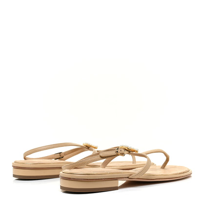 Chanel Lambskin Quilted Pearl CC Thong Sandals 37 Beige 4 of 9