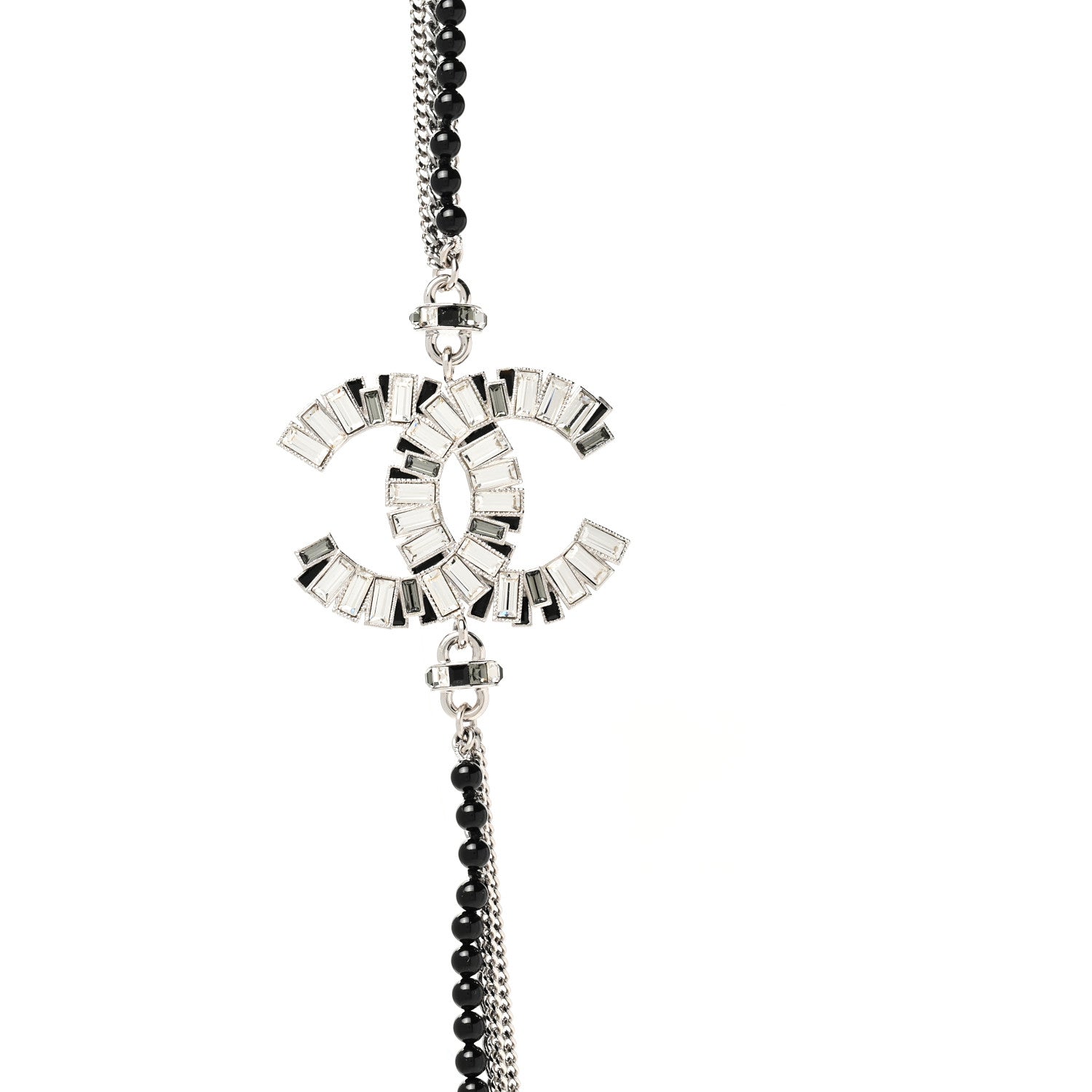 Chanel Metal Crystal Baguette Beaded CC Multi Strand Long Necklace Silver Black 4 of 6