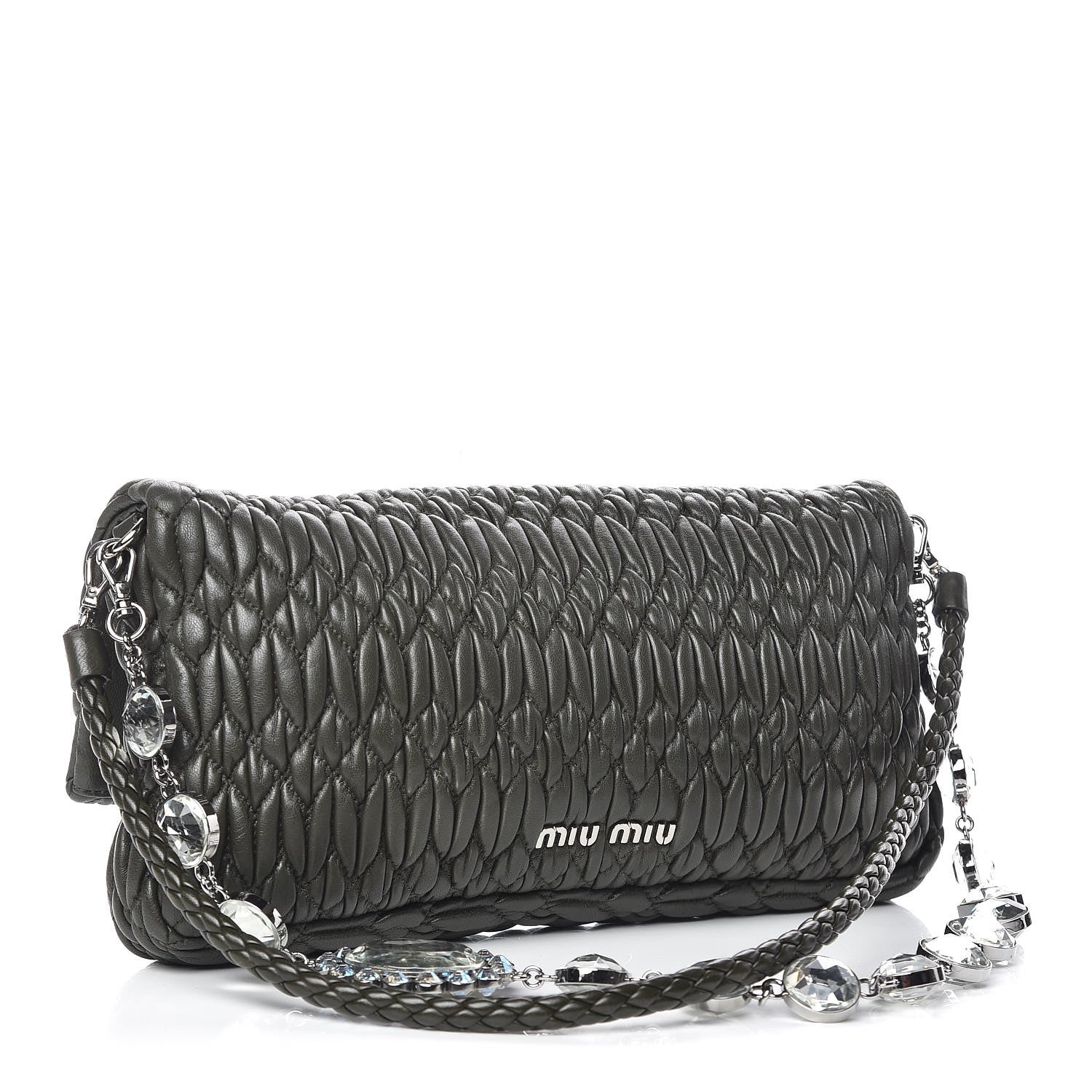 Miu Miu Nappa Matelasse Crystal Flap Clutch Dark Green 3 of 9