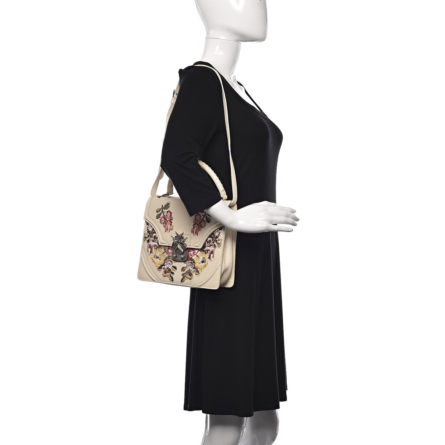 Calfskin Embroidered Flower Satchel Off White