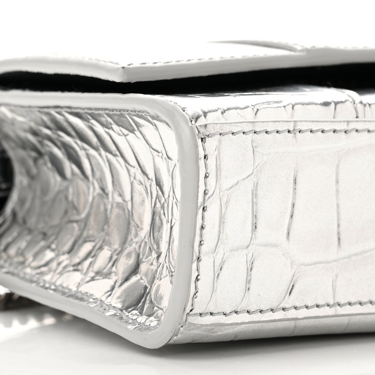 Metallic Calfskin Crocodile Embossed Hourglass Chain Bag Silver