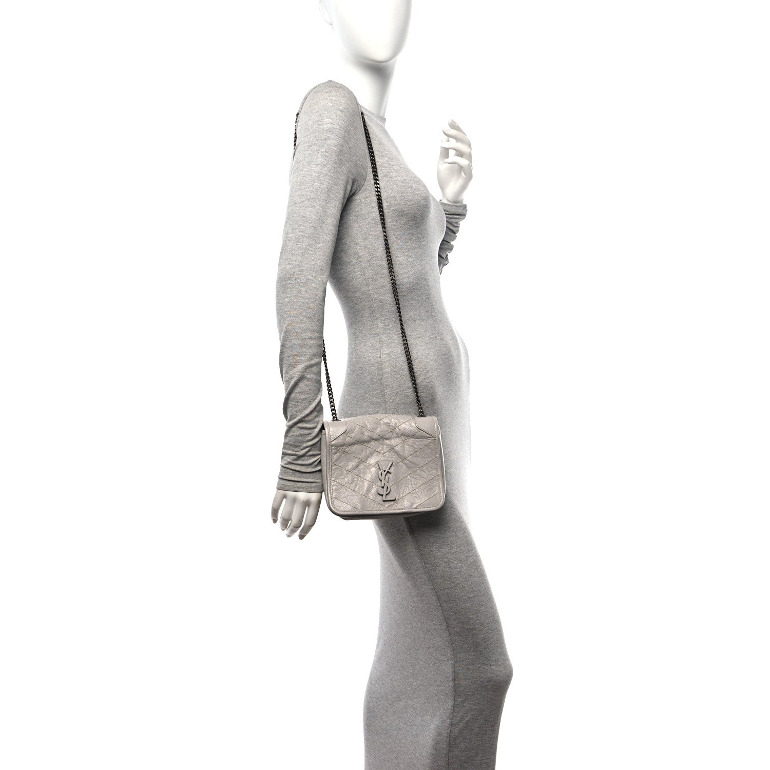 Saint Laurent Crinkled Calfskin Matelasse Monogram Niki Chain Wallet Light Grey 3 of 9