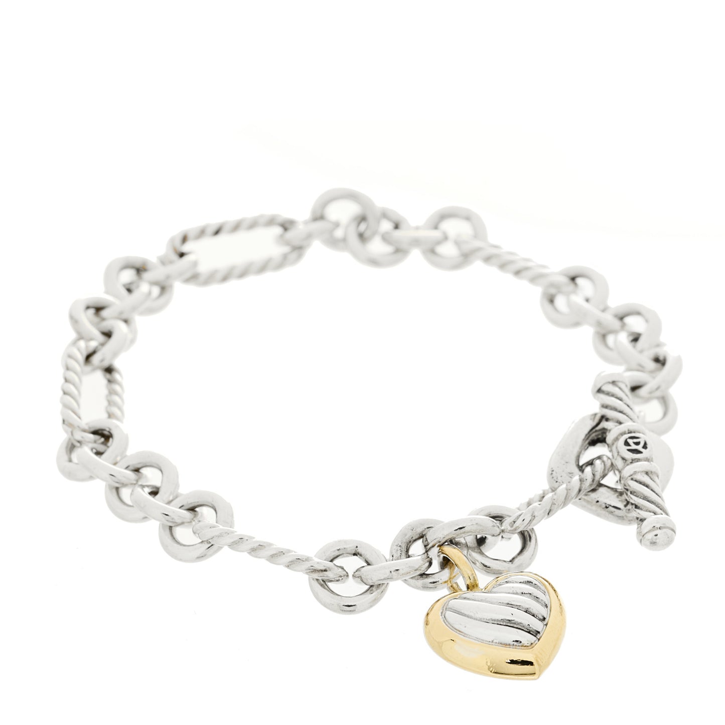 Sterling Silver 18K Yellow Gold Cable Heart Charm Bracelet