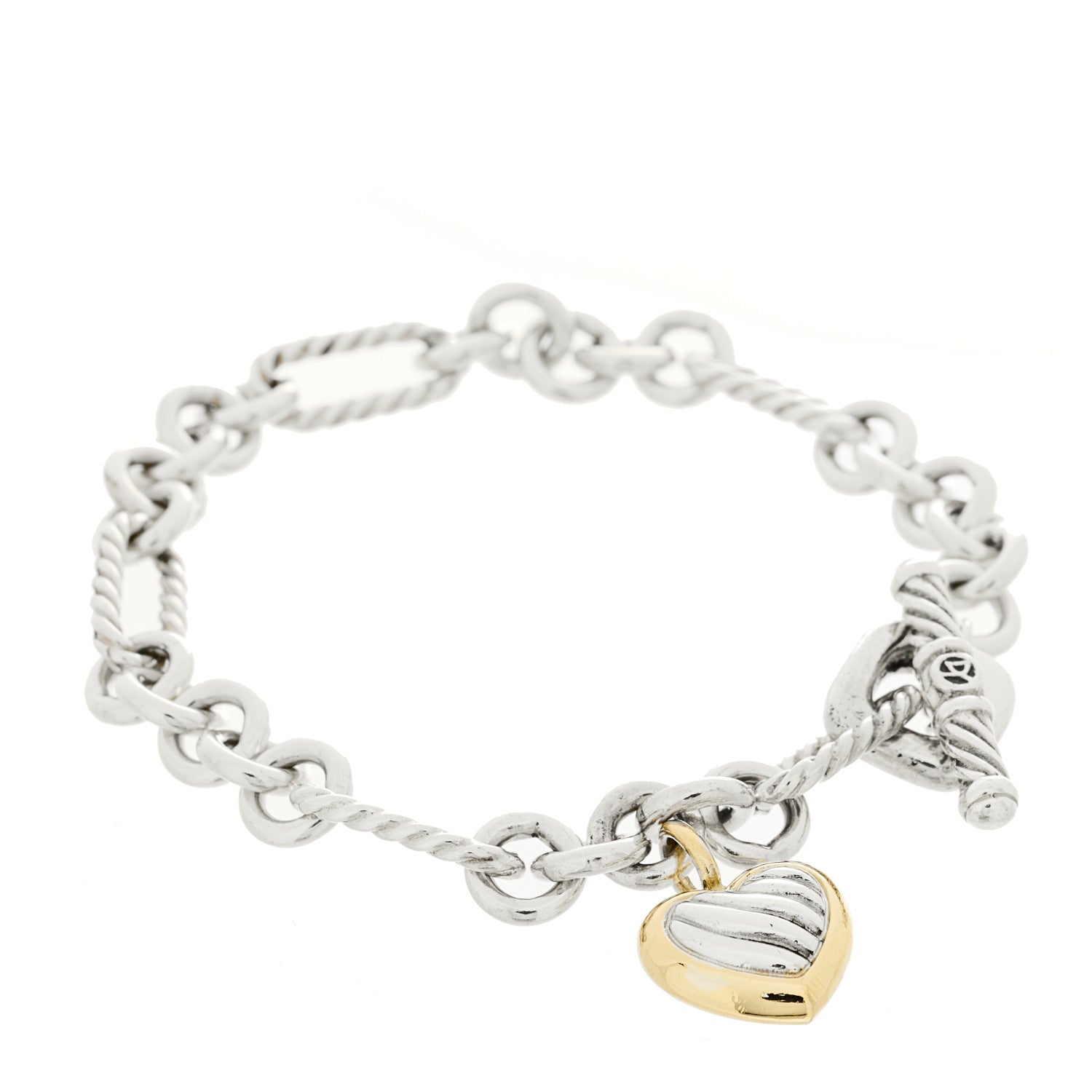 David Yurman Sterling Silver 18K Yellow Gold Cable Heart Charm Bracelet 1 of 3