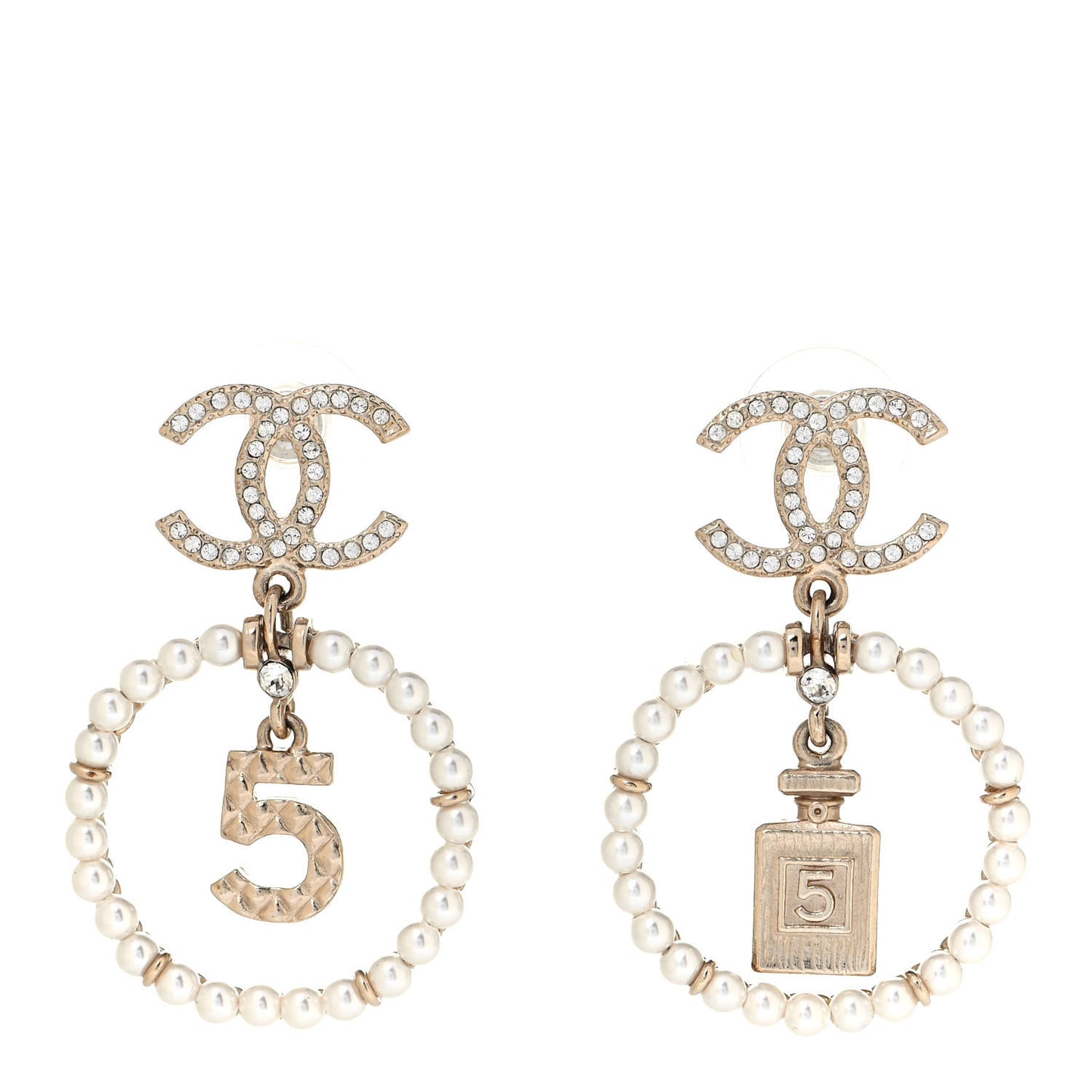 Crystal Pearl Chanel Charms CC Drop Earrings Gold