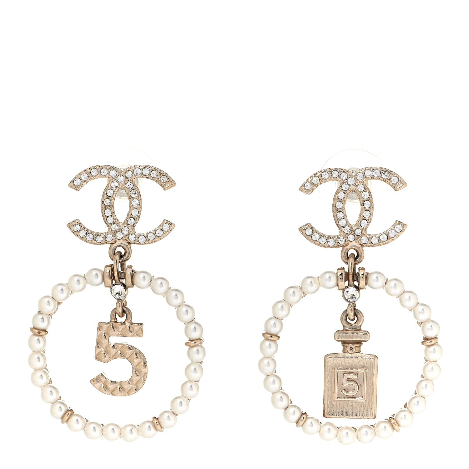 Chanel Crystal Pearl Chanel Charms CC Drop Earrings Gold 6 of 7