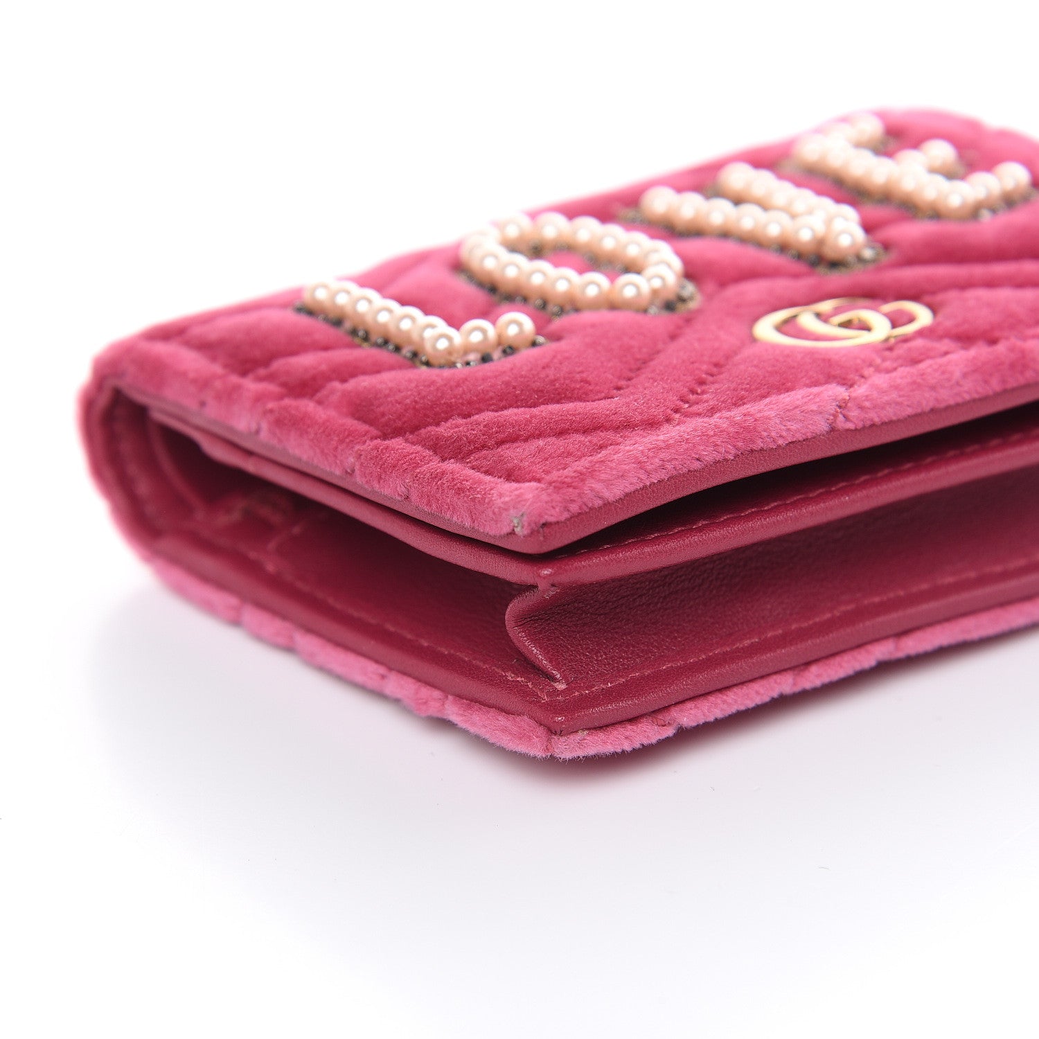 Gucci Velvet Matelasse Pearl Love Embroidered GG Marmont Card Case Wallet Light Raspberry Rose 8 of 9