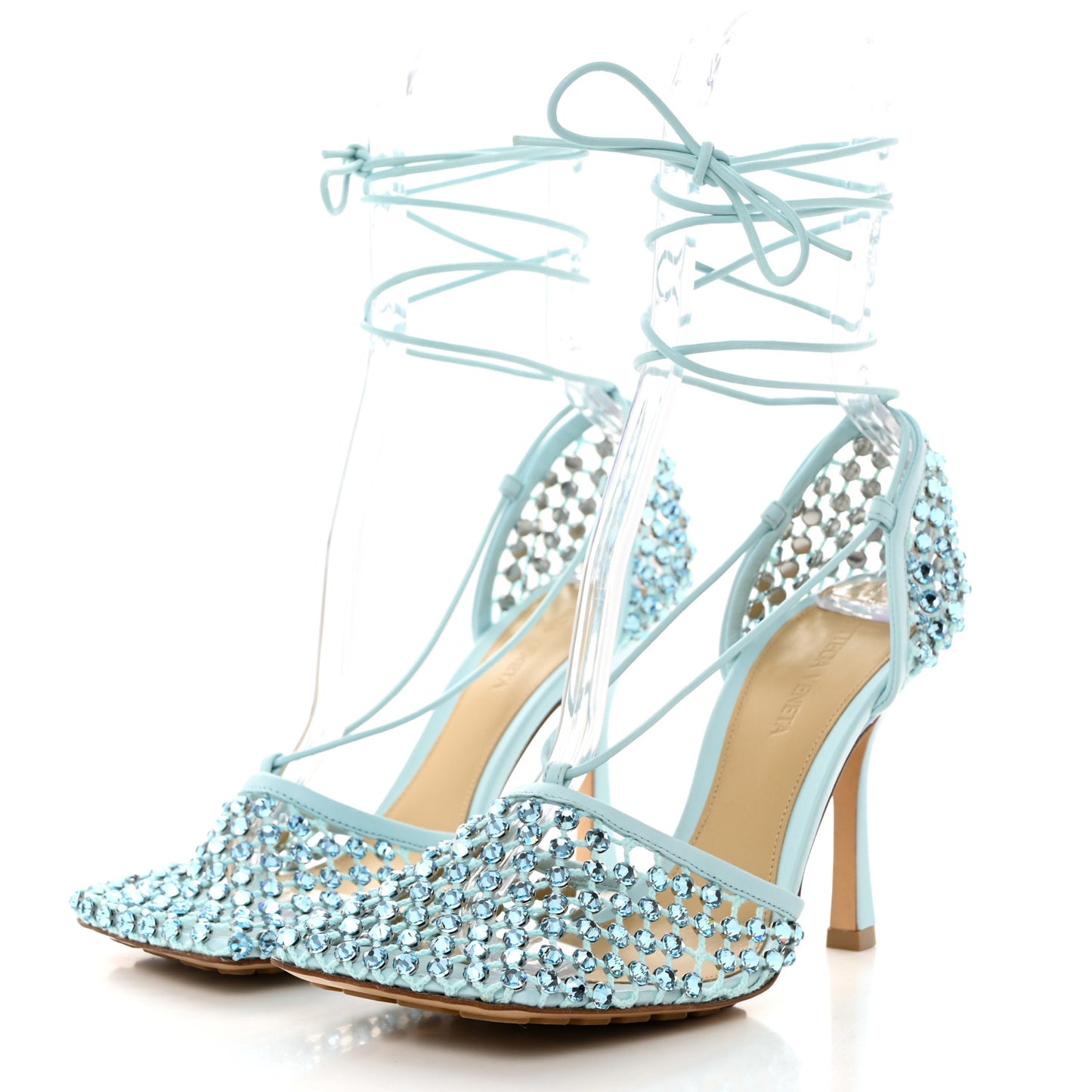 Mesh Nappa Crystal Embellished Sparkle Stretch Ankle Tie 90mm Sandals 38 Pale Blue