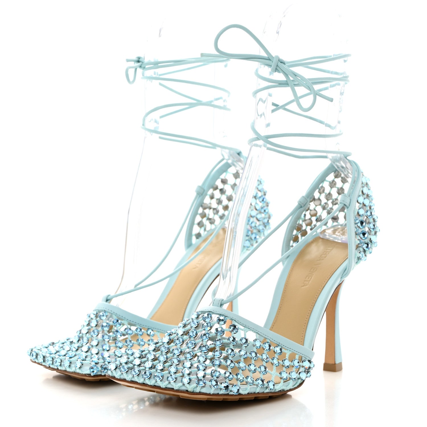Bottega Veneta Mesh Nappa Crystal Embellished Sparkle Stretch Ankle Tie 90mm Sandals 38 Pale Blue 3 of 8