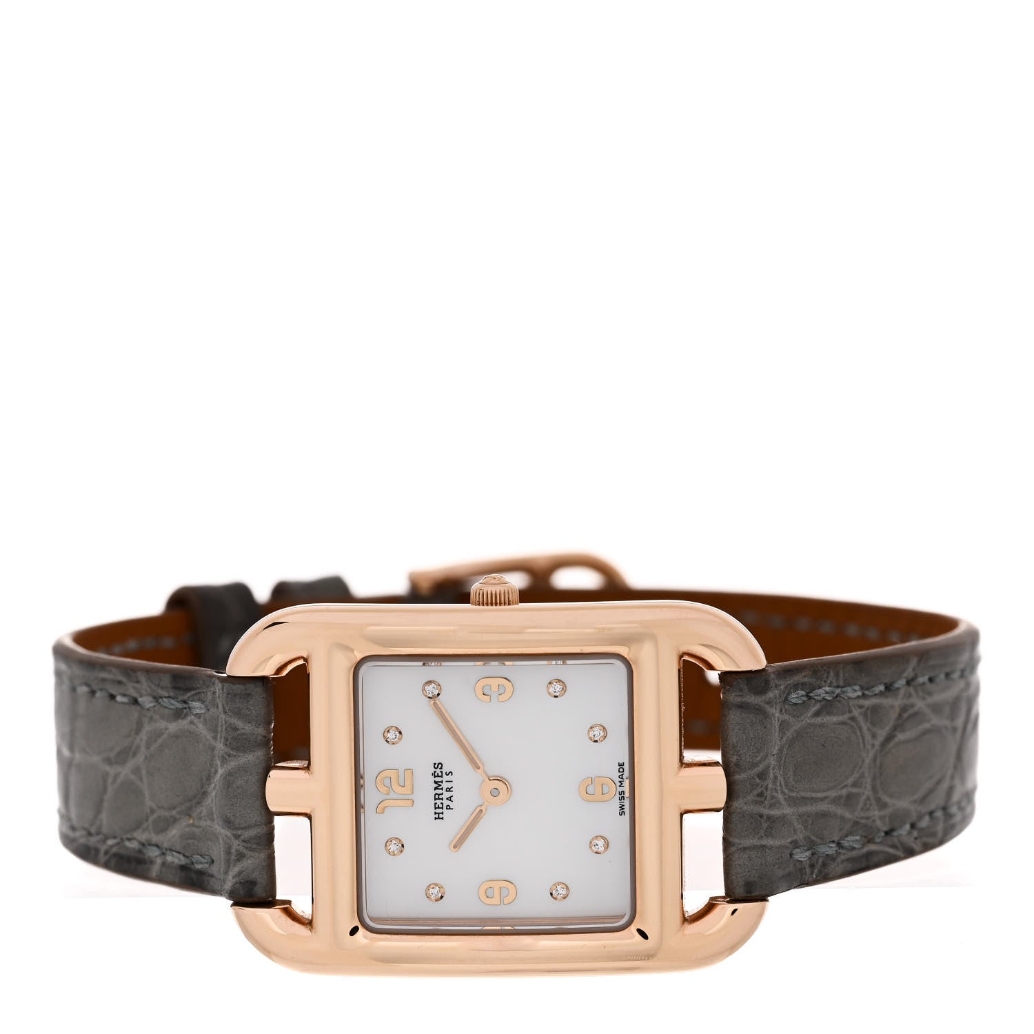 Hermes 18K Rose Gold Alligator Diamond Mother of Pearl 23mm Cape Cod Quartz Watch Gris Perle 2 of 5