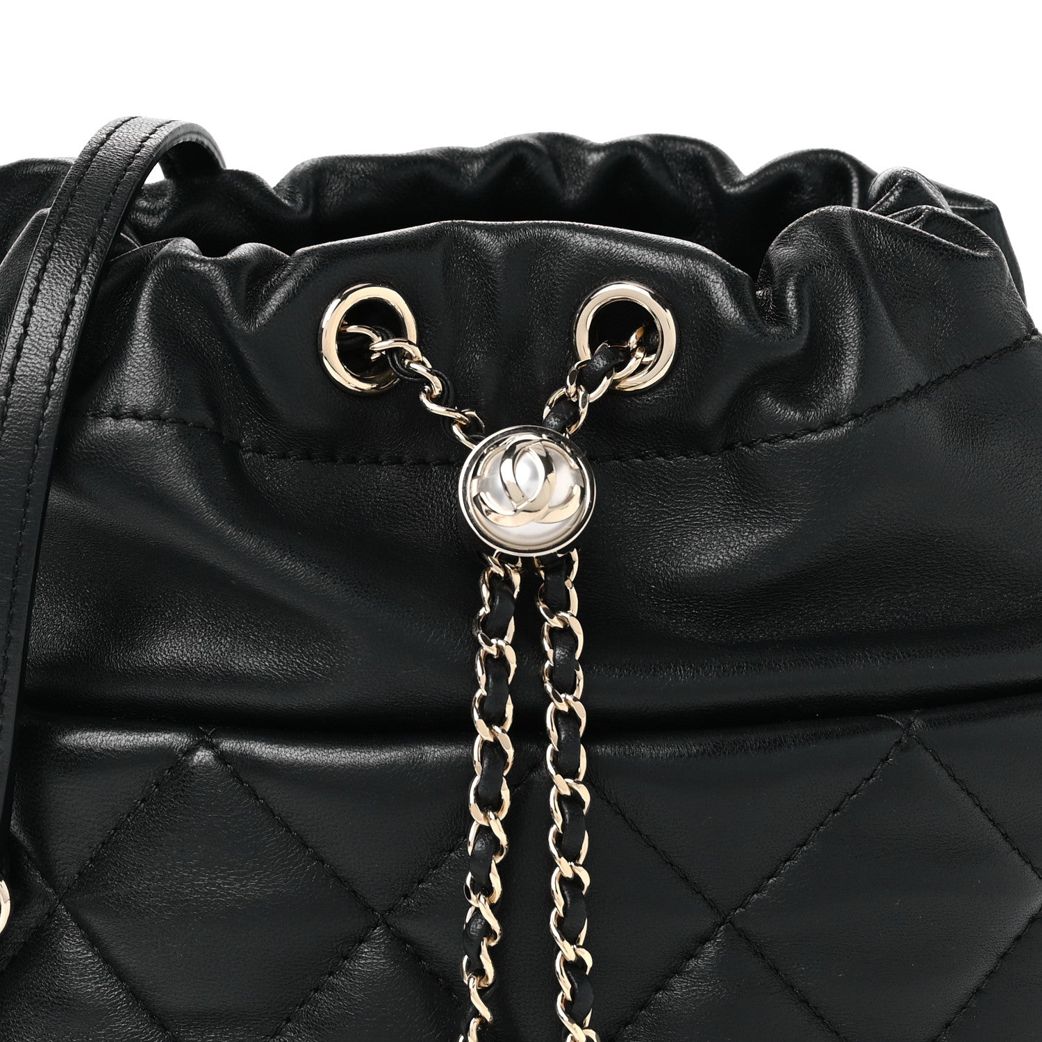 Chanel Lambskin Quilted Pearl Bucket Bag Black 8 of 10