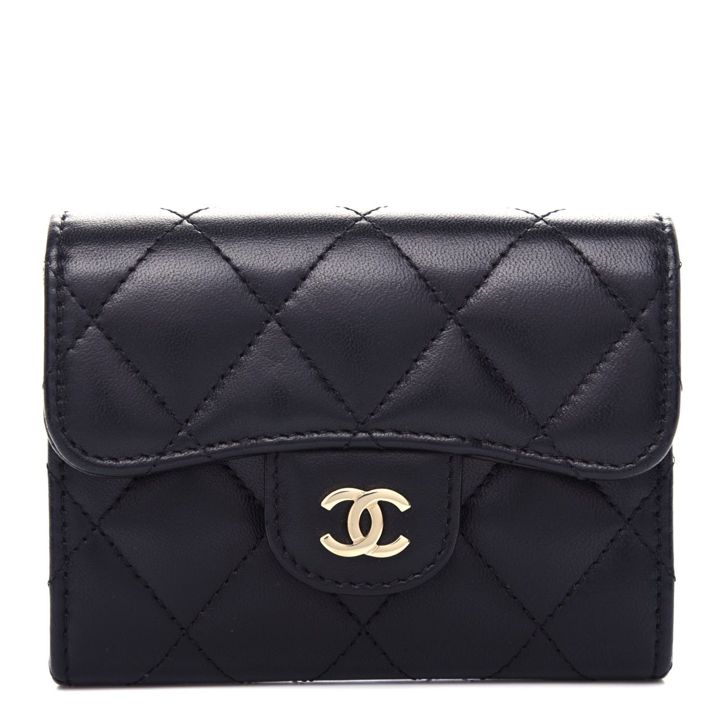Lambskin Quilted Flap Card Holder Wallet Black