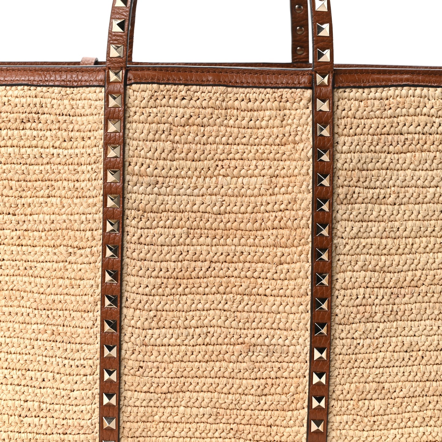 Raffia Calfskin Rockstud Shopping Tote Naturale Saddle Brown