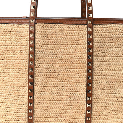 Valentino Garavani Raffia Calfskin Rockstud Shopping Tote Naturale Saddle Brown 8 of 10